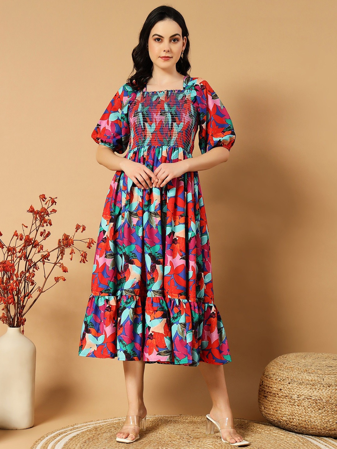 

Jash Creation Floral Print Applique Crepe Fit & Flare Dress, Multi