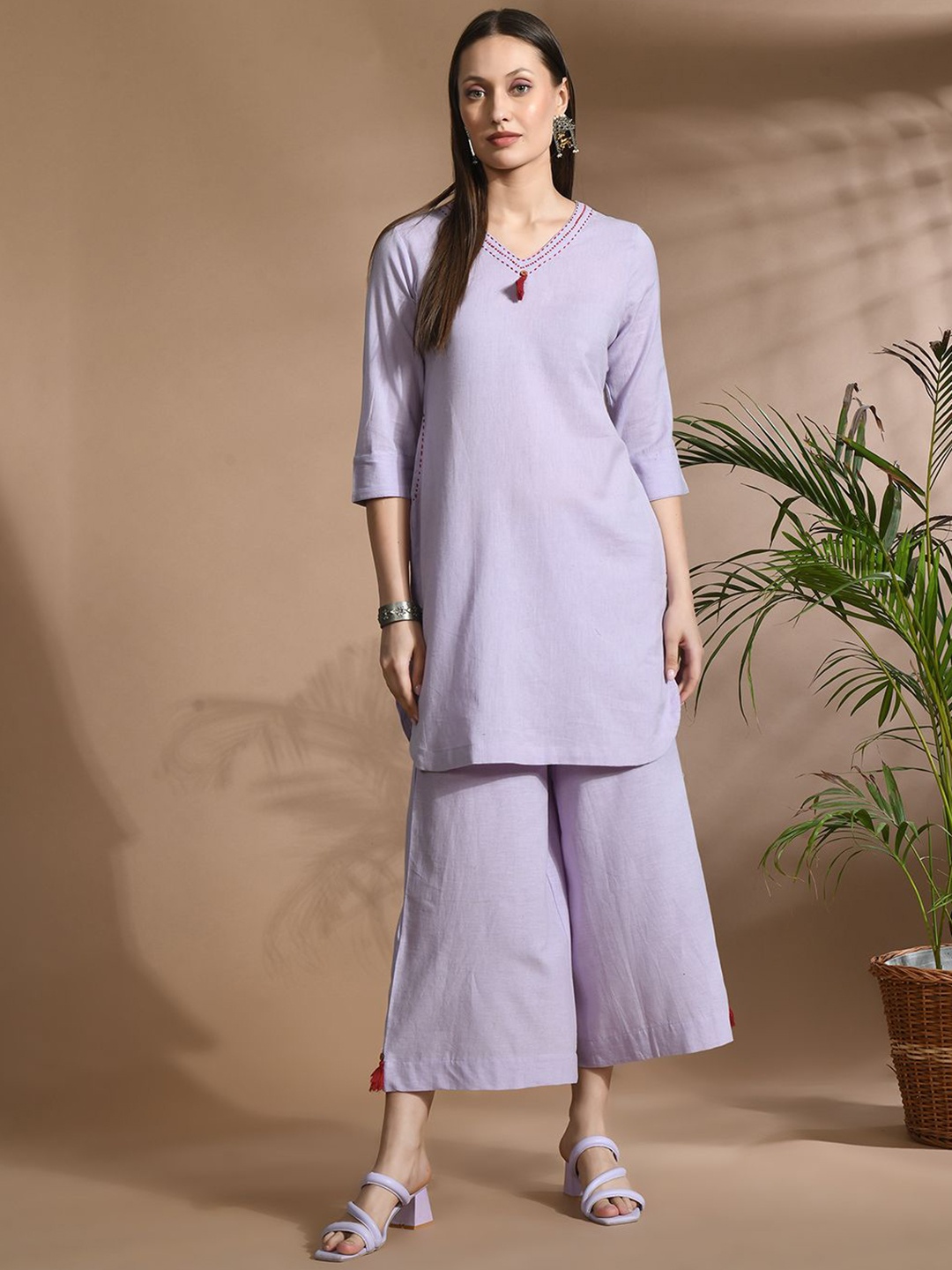 

Jaipur Kurti Women Regular Thread Work Pure Cotton Kurta with Palazzos, Mauve