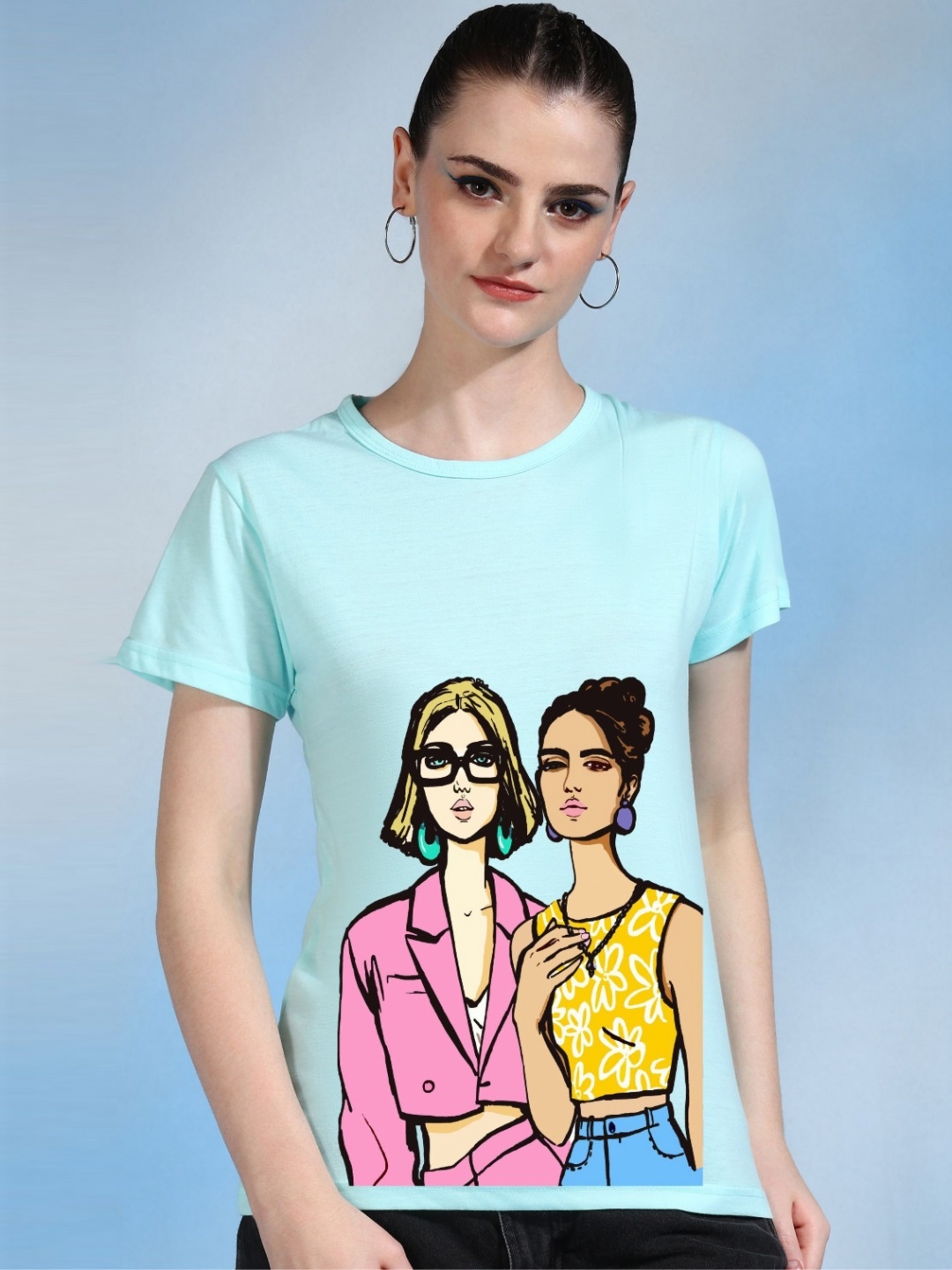 

Moda Rapido Women Printed Bio Finish Raw Edge T-shirt, Turquoise blue