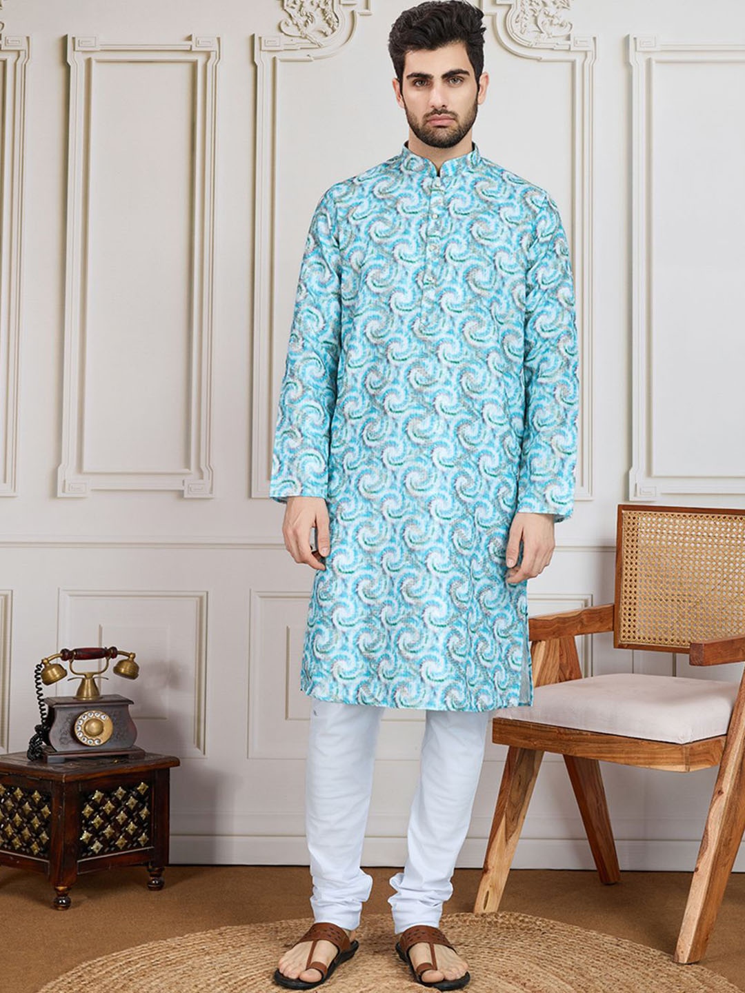 

House of Pataudi Printed With Zari Embroidered Cotton Straight Kurta, Blue