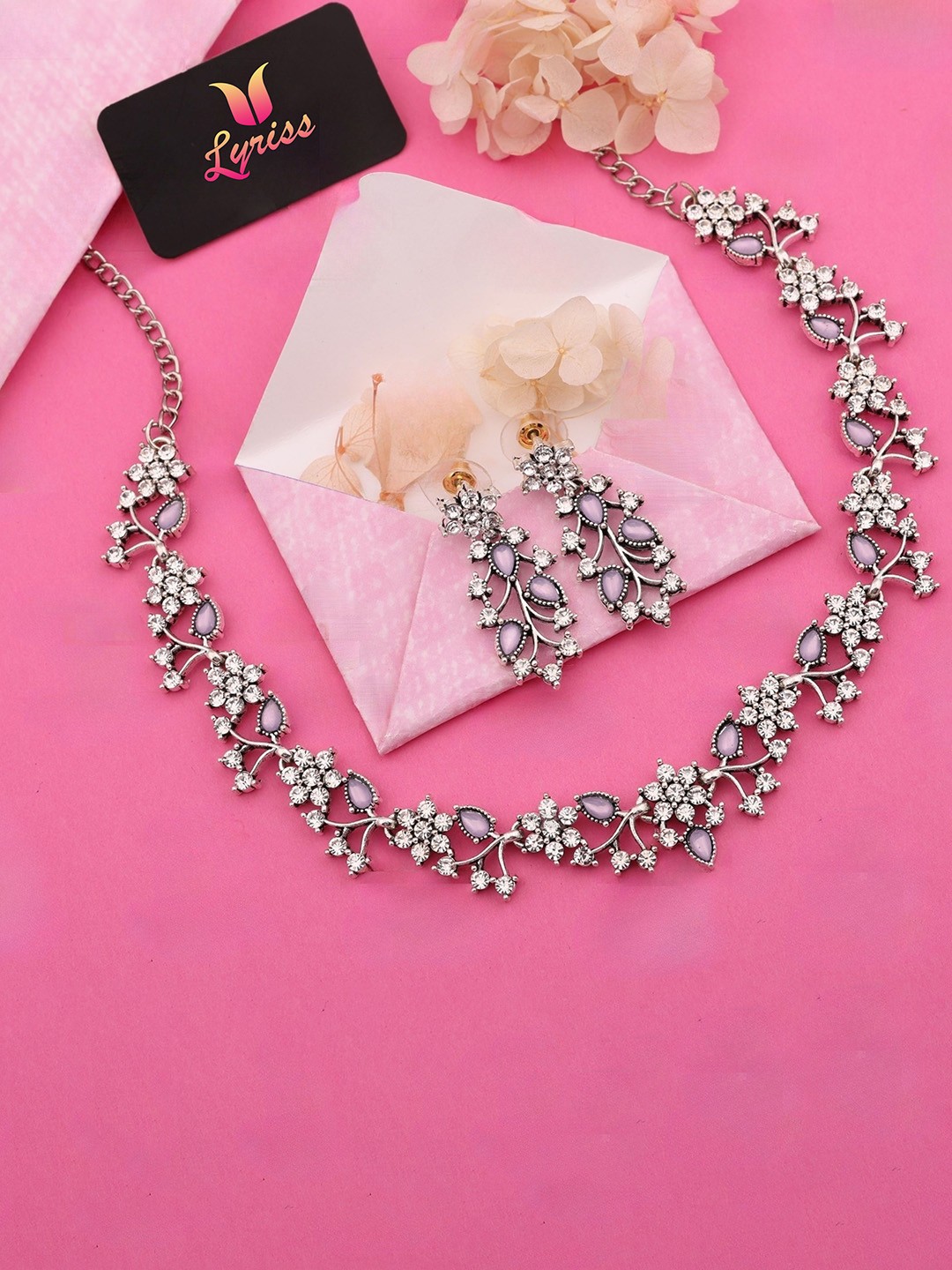 

Lyriss Set Of 2 Silver-Plated American-Diamond-Studded Necklace With Drop Earrings