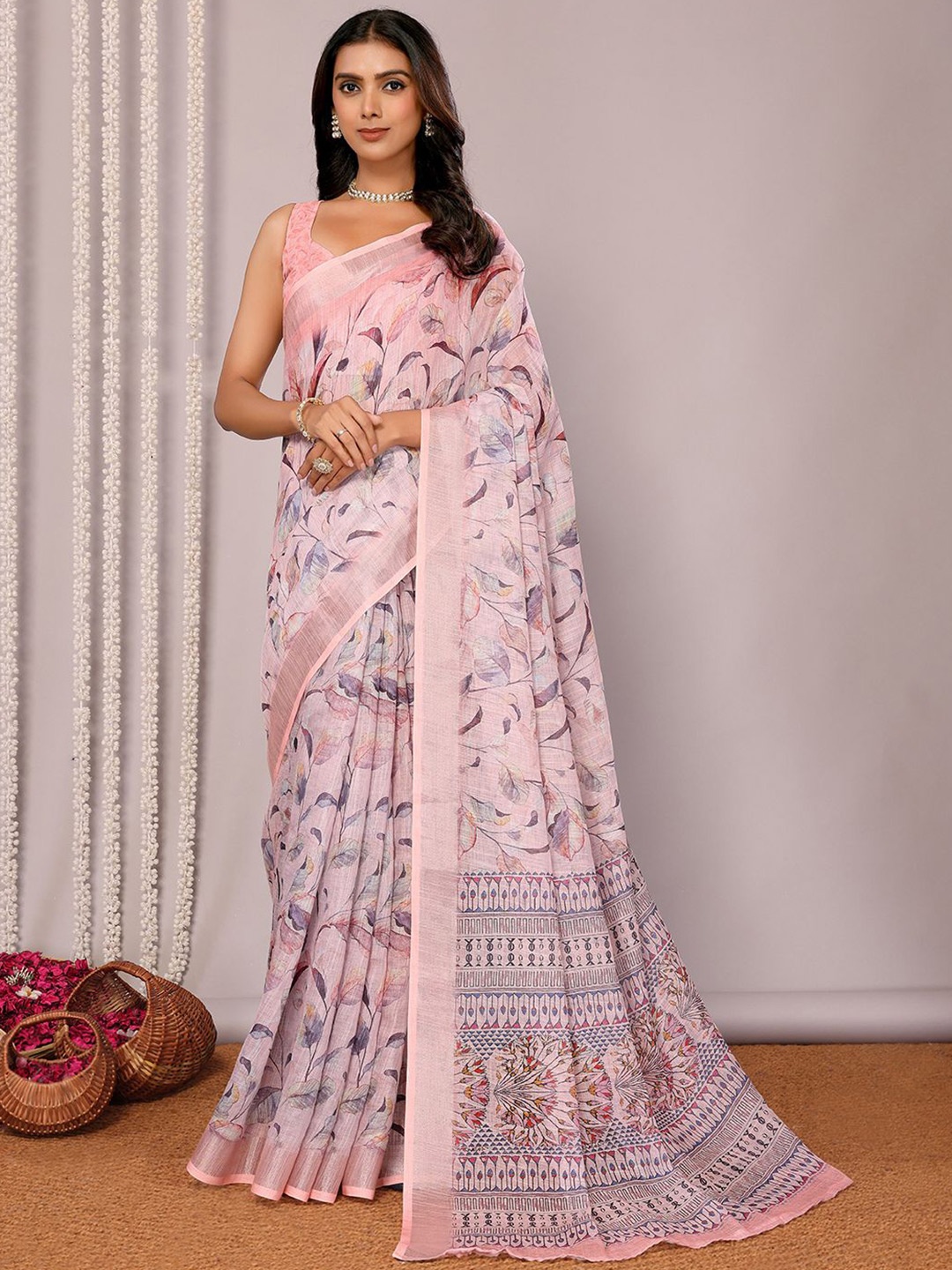 

Janasya Linen Blend Floral Printed Daily Wear Saree with Unstitched Blouse Piece, Pink