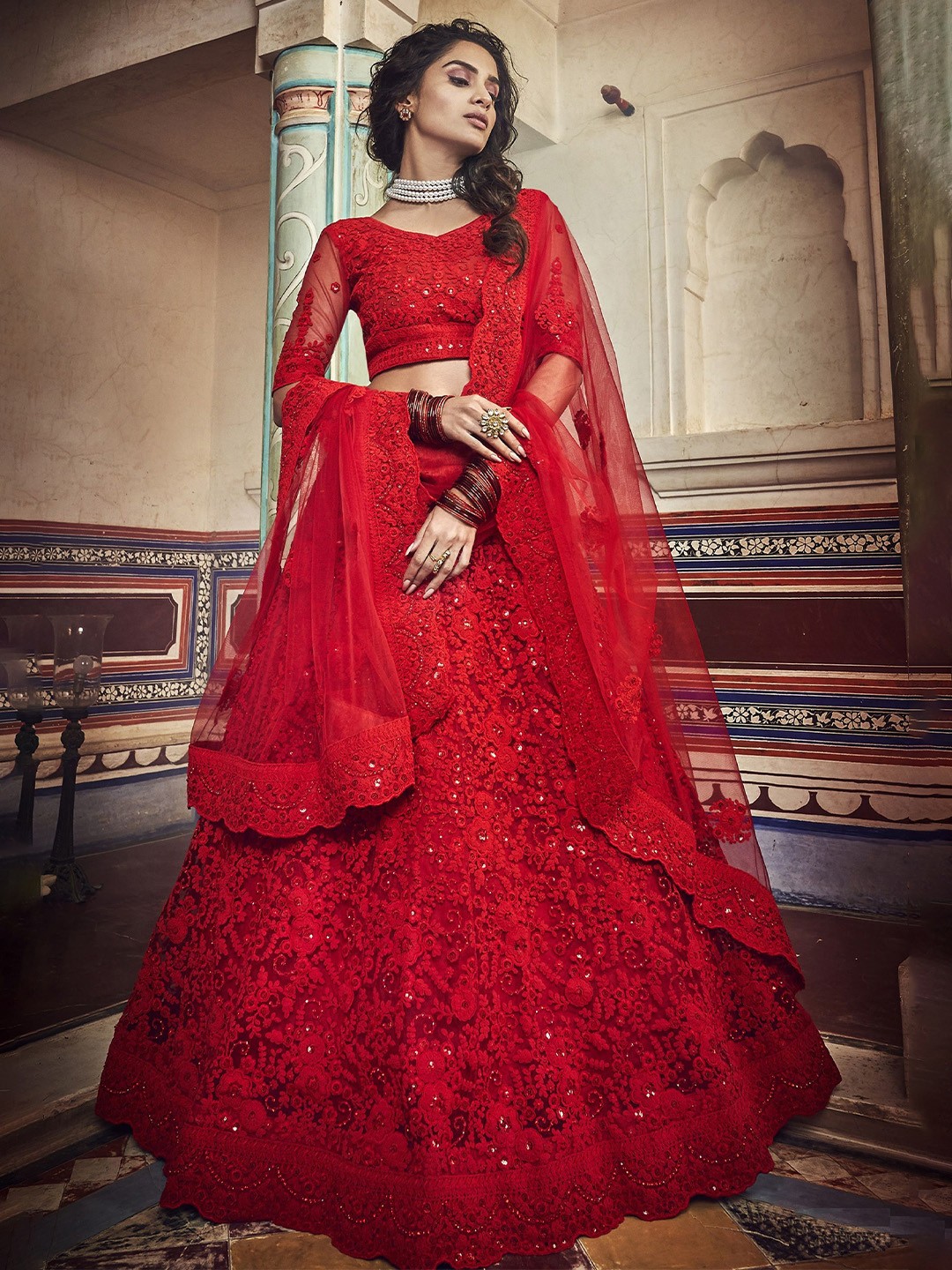 

DIVINE EXIM Embroidered Thread Work Semi-Stitched Lehenga & Unstitched Blouse With Dupatta, Red