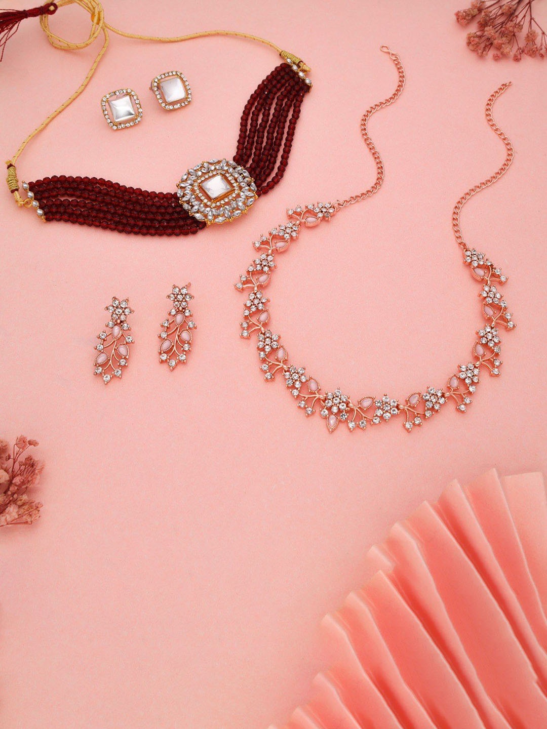 

Lyriss Set Of 2 Gold-Plated American Diamond Studded Jewellery Set, Maroon
