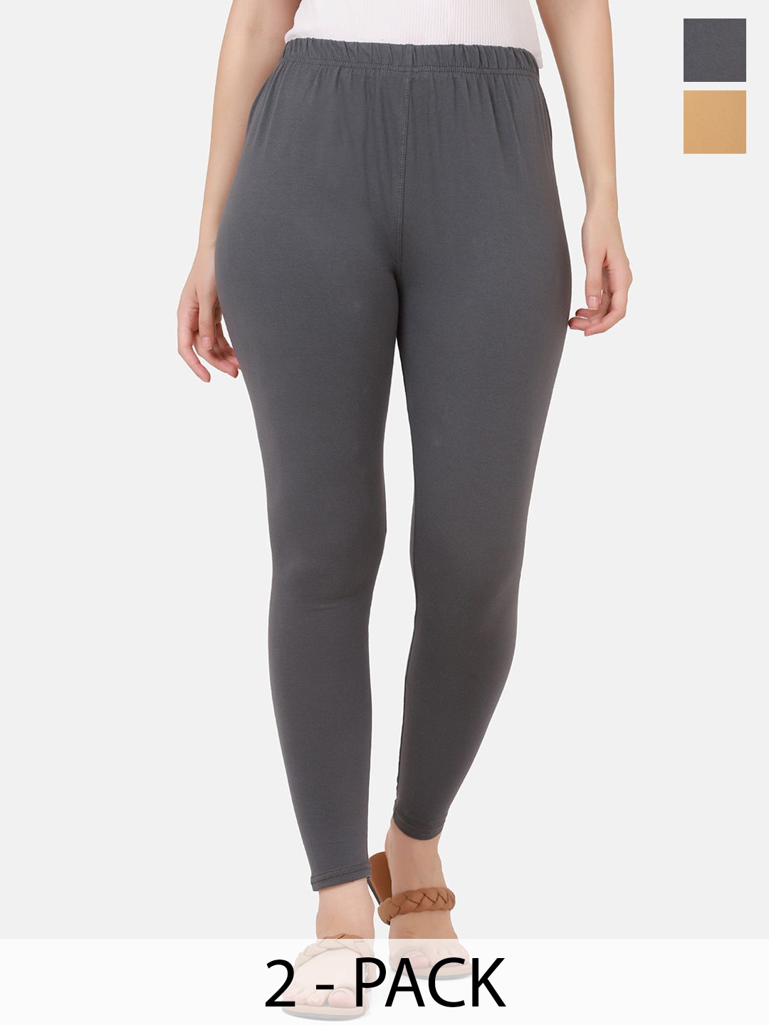

Dimpy Garments Pack Of 2 Pure Cotton Mid Rise Ankle Length Leggings, Grey