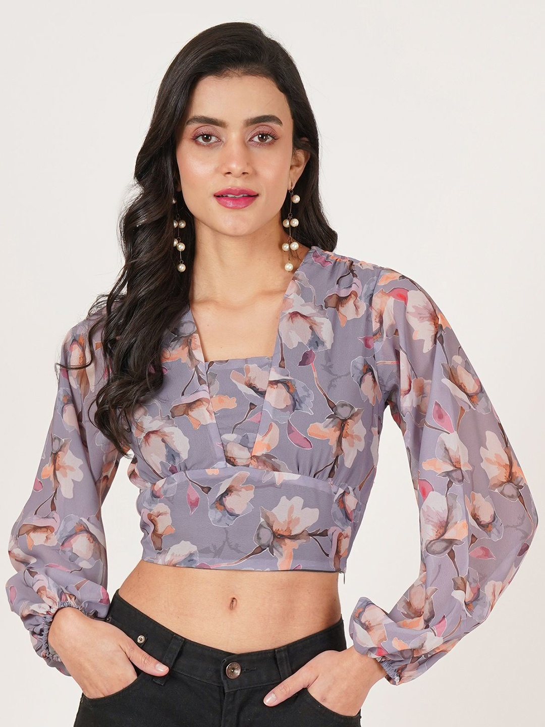 

U&F Floral Print Puff Sleeve Georgette Wrap Crop Top, Brown