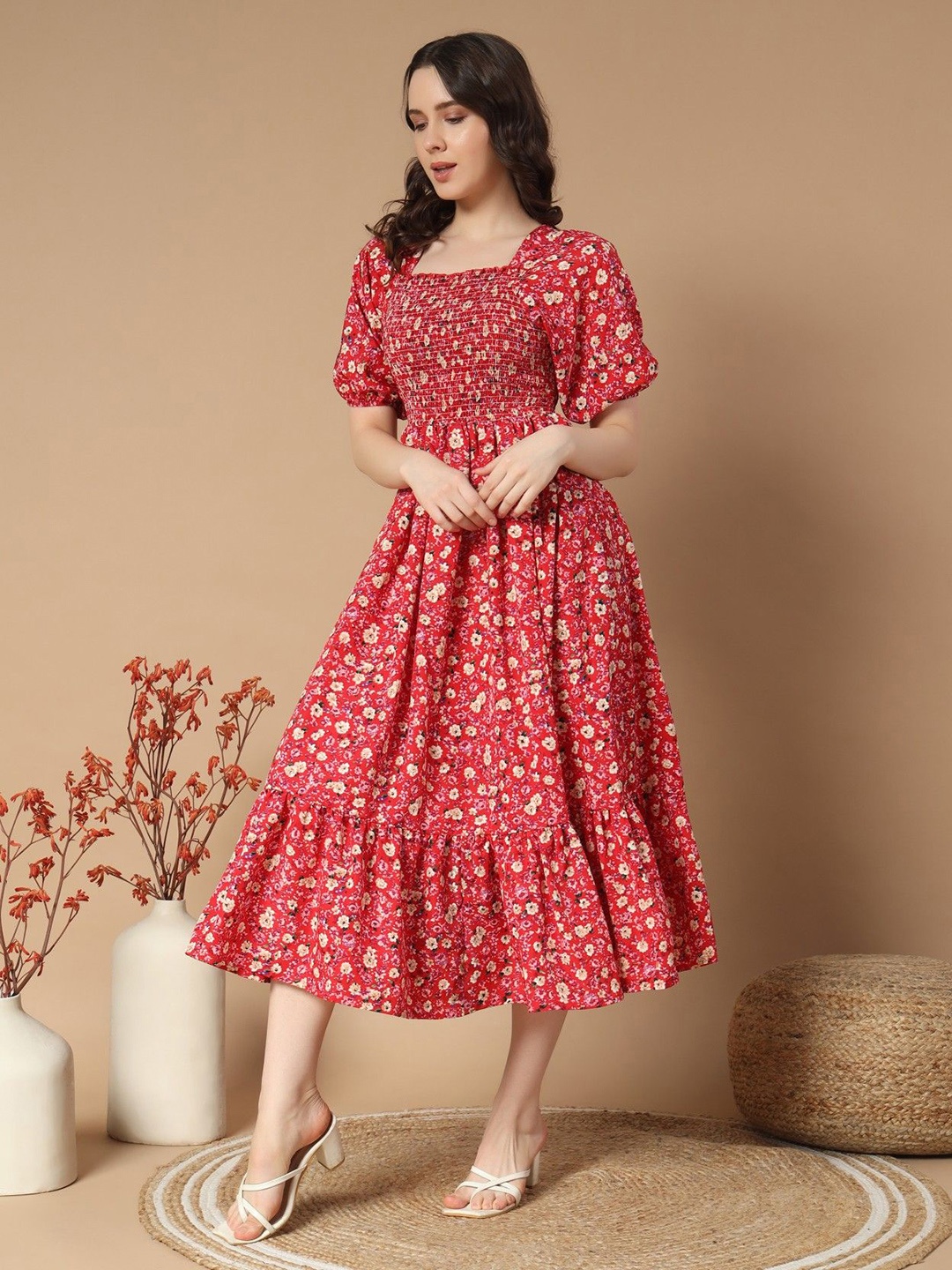 

Raiyani Fashion Print Puff Sleeve Crepe Fit & Flare Dress, Peach
