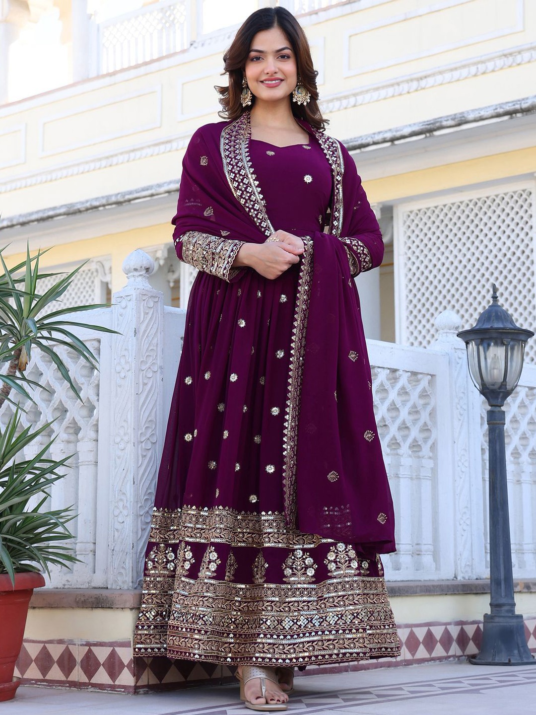 

Wedani Women Floral Embroidered Regular Beads and Stones Kurta with Pyjamas & With Dupatta, Purple