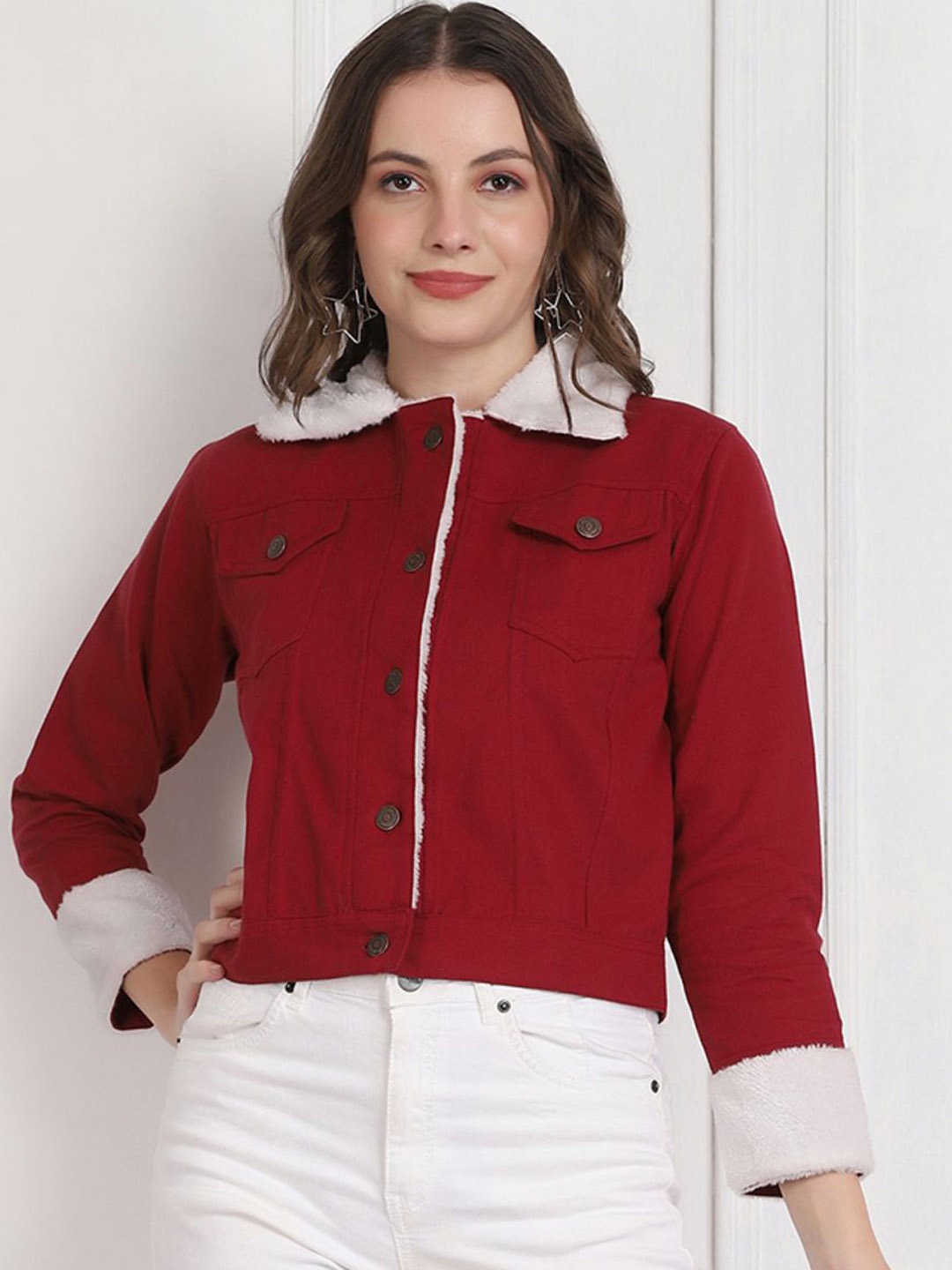

DIMPY GARMENTS Women Lightweight Denim Jacket, Maroon