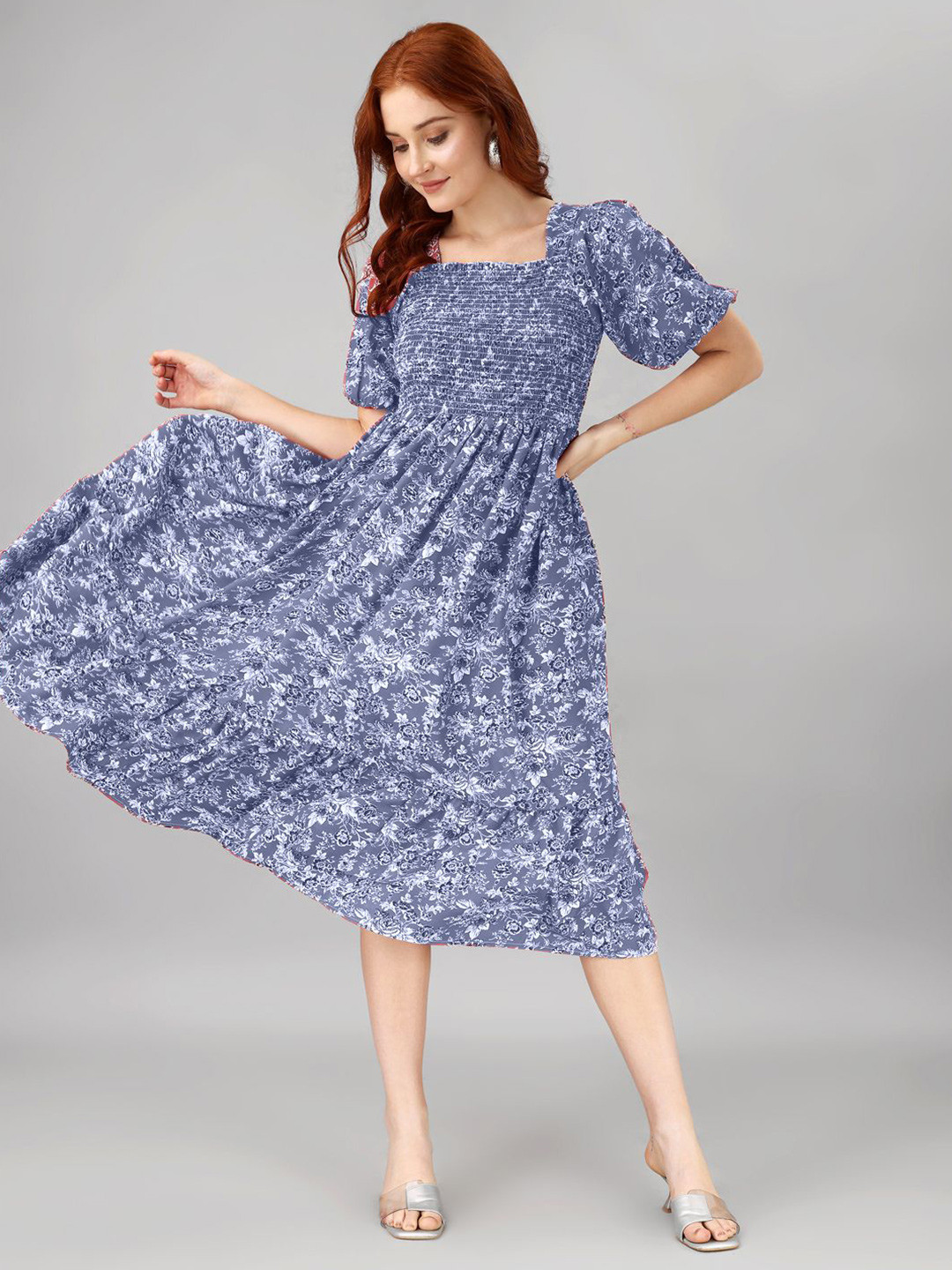 

Raiyani Fashion Floral Print Puff Sleeve Applique Fit & Flare Midi Dress, Blue