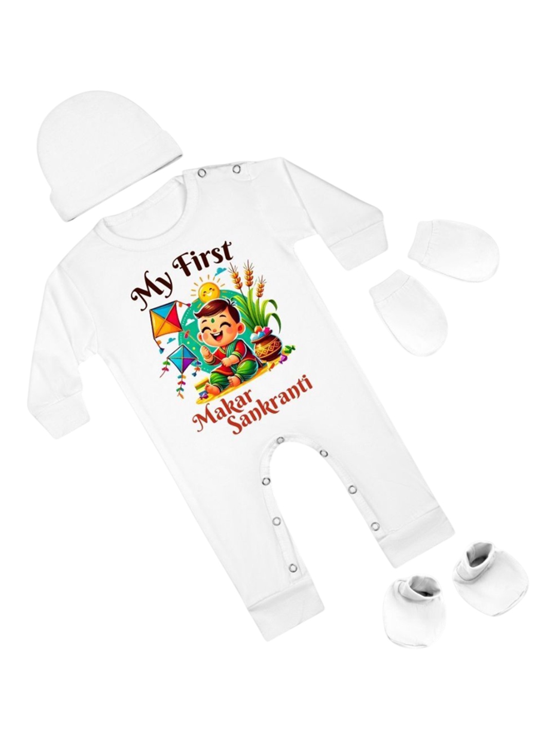 

Arvesa Infants My First Makar sankranti Printed Bodysuit with Cap Booties Mitten, White