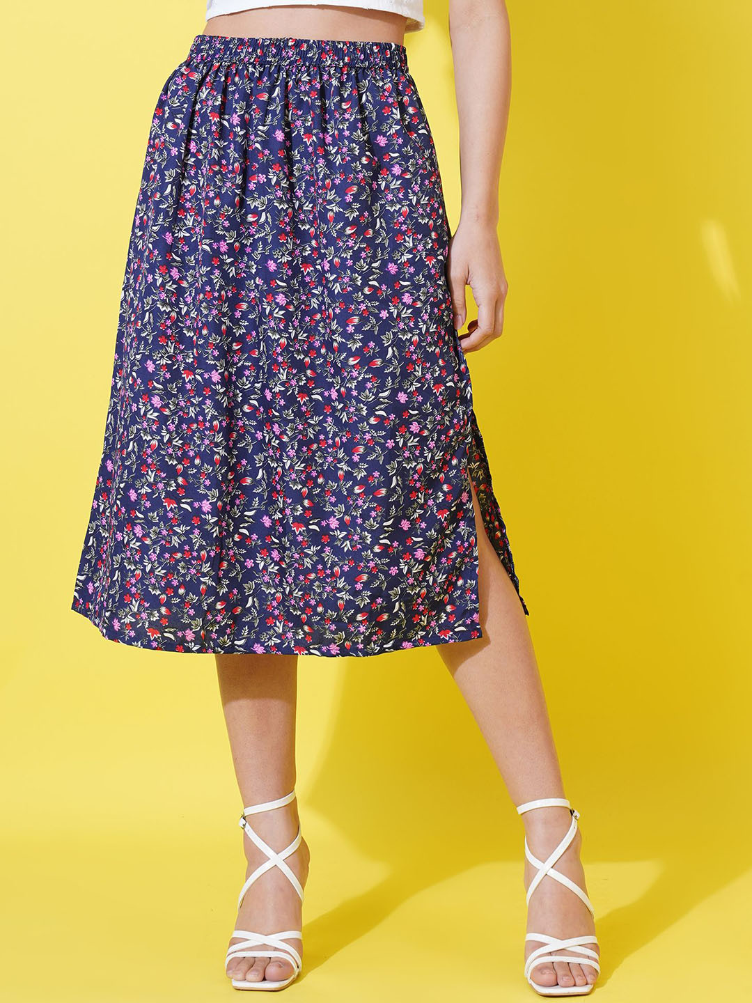 

FebQ Floral Printed A-Line Midi Skirt, Navy blue