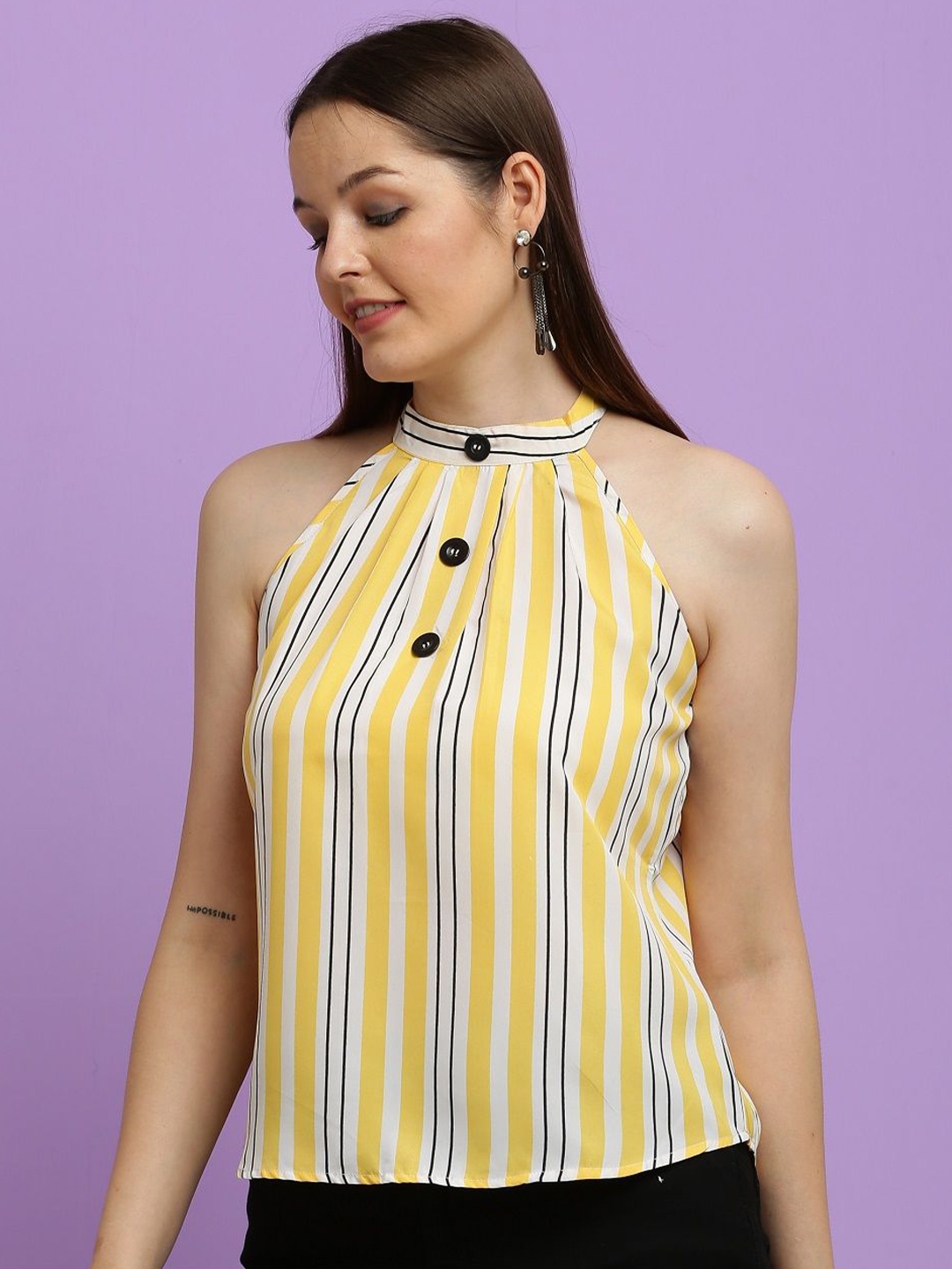 

CLOTHINK INDIA Striped Crepe Crop Top, Yellow