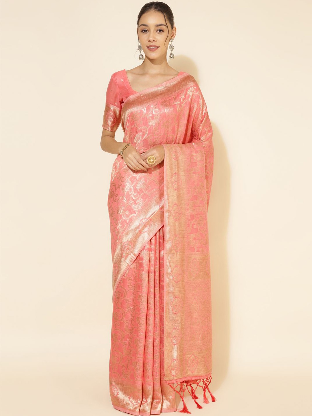 

Janasya Women Chanderi Silk Floral Saree With Unstitched Blouse Piece, Peach