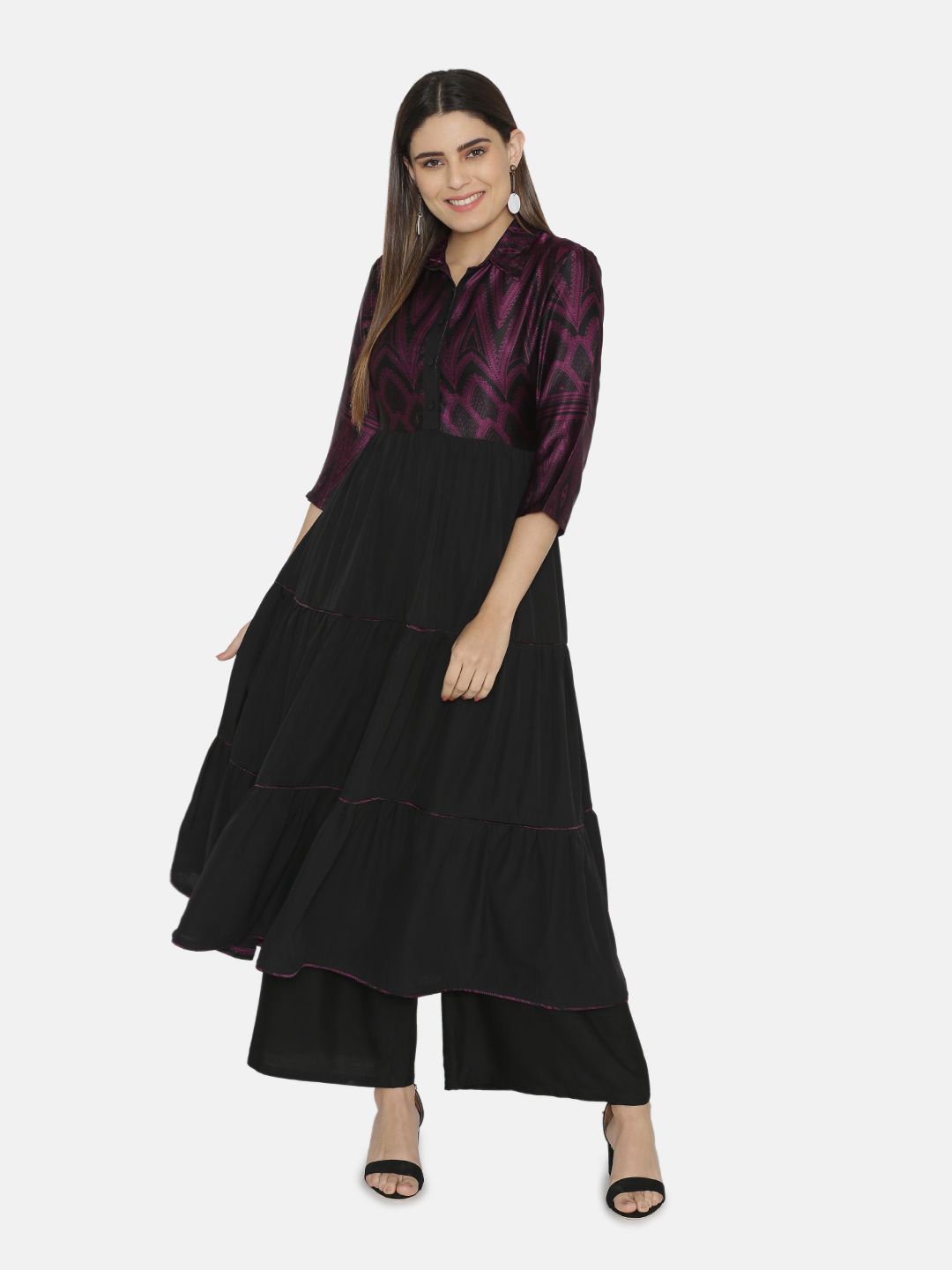 

VEGAL A-Line Tiered Kurta, Black