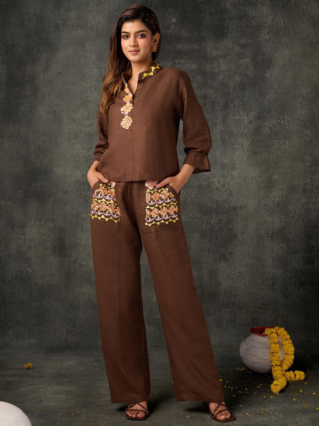 

Phulkari Forever Women Embroidered Handloom Linen Palazzos, Brown
