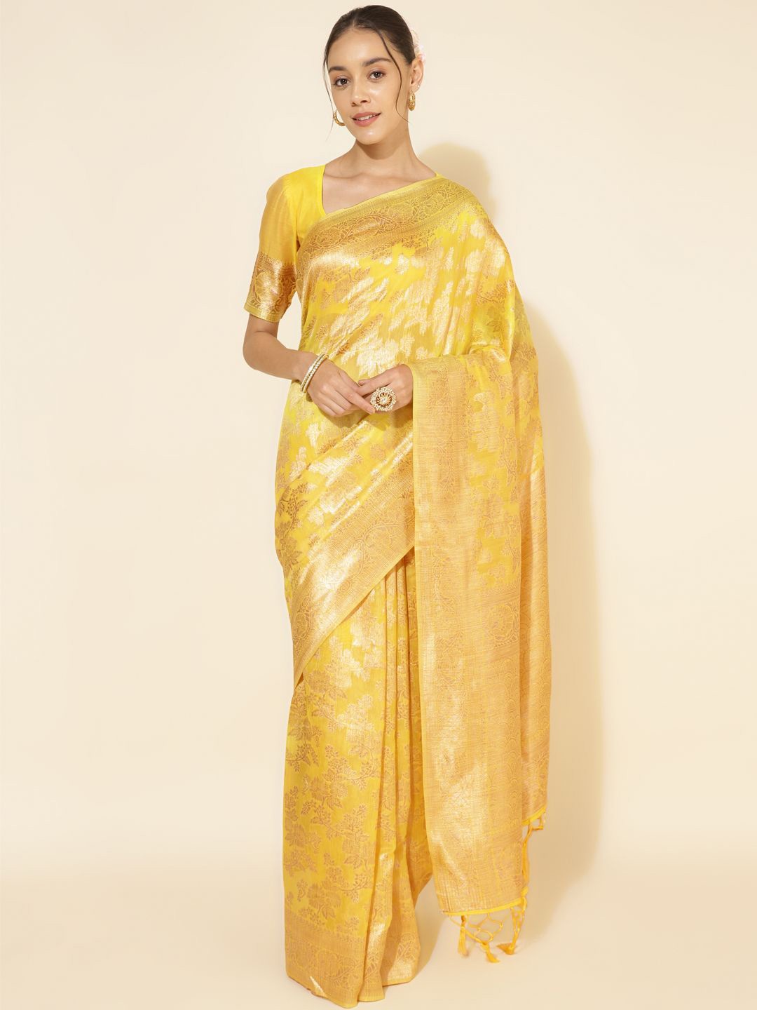 

Indeloom Ethnic Motifs Zari Silk Blend Chanderi Saree, Yellow