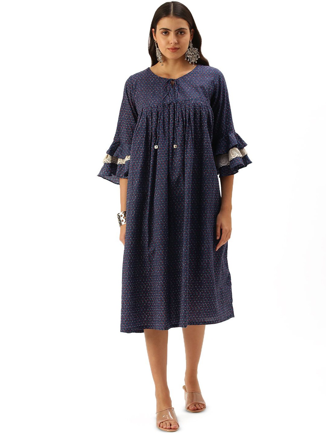 

The Roadster Lifestyle Co Printed Cotton Round Neck Flared Dresses, Navy blue