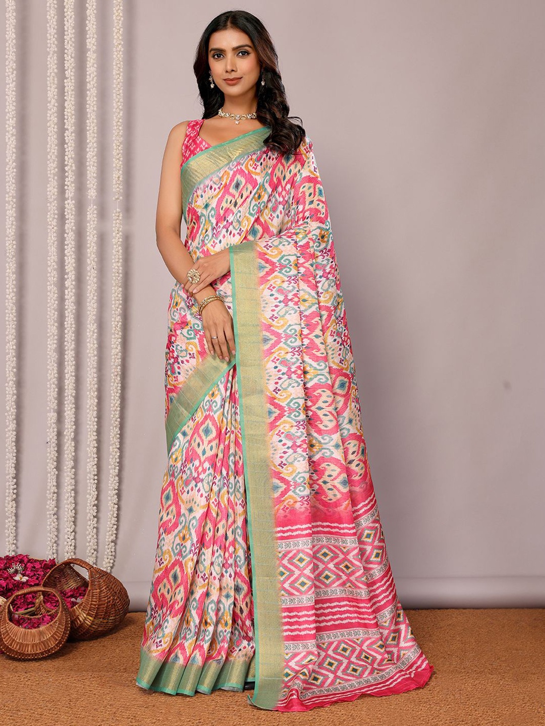

Janasya Women Chanderi Silk Ikkat Printed Chanderi Saree with Unstitched Blouse Piece, Pink