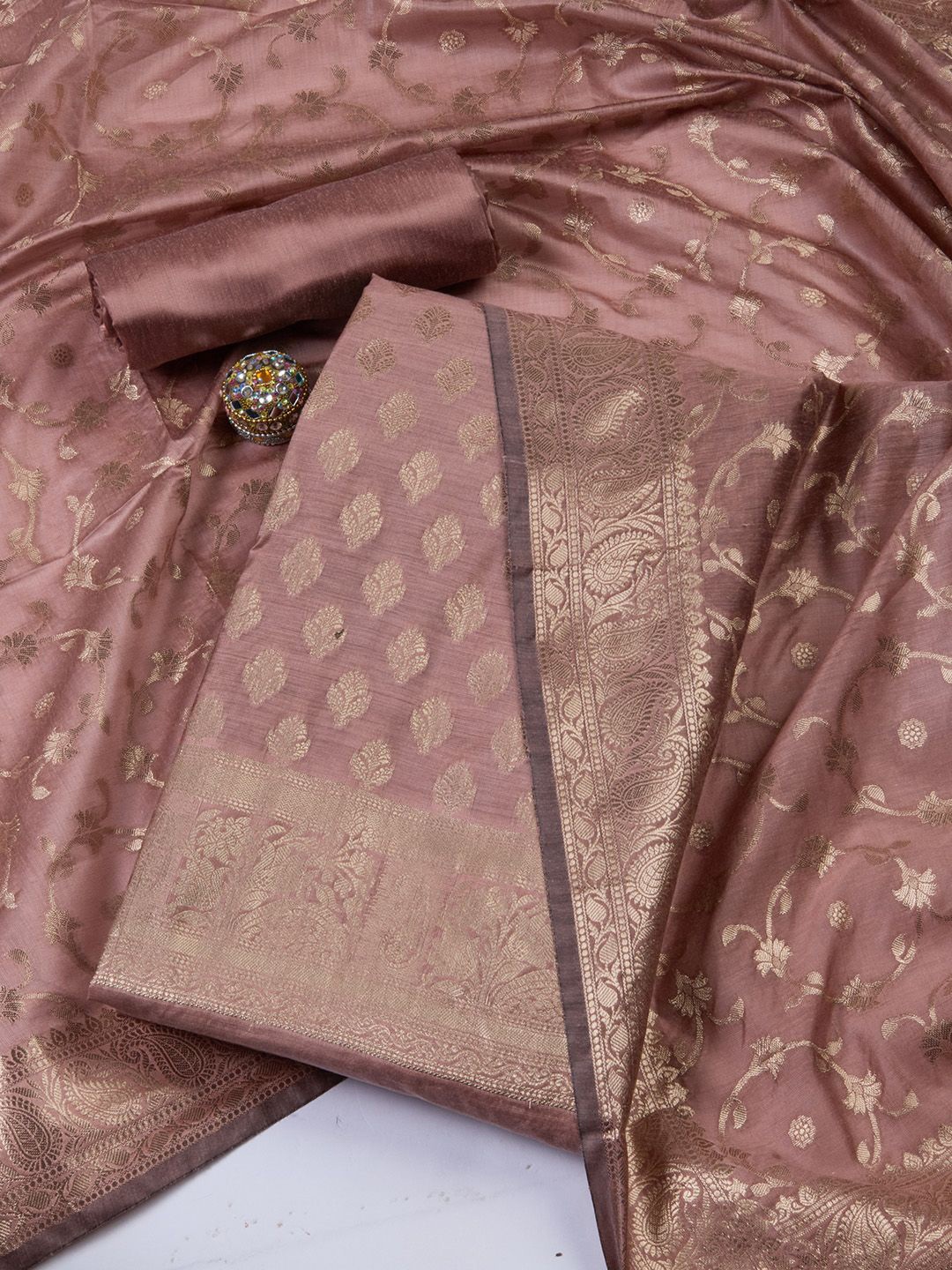 

Meena Bazaar Art Silk Unstitched Dress Material, Brown