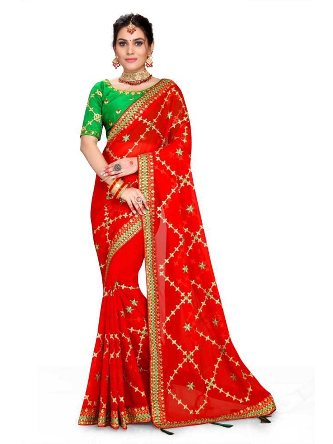 

jayant creation Floral Embroidered Pure Georgette Saree, Red