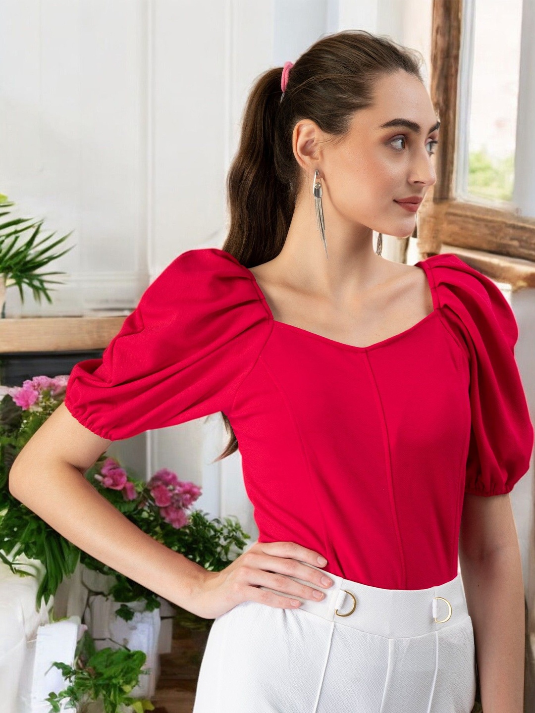 

IUGA Sweetheart Neck Puff Sleeve Top, Pink