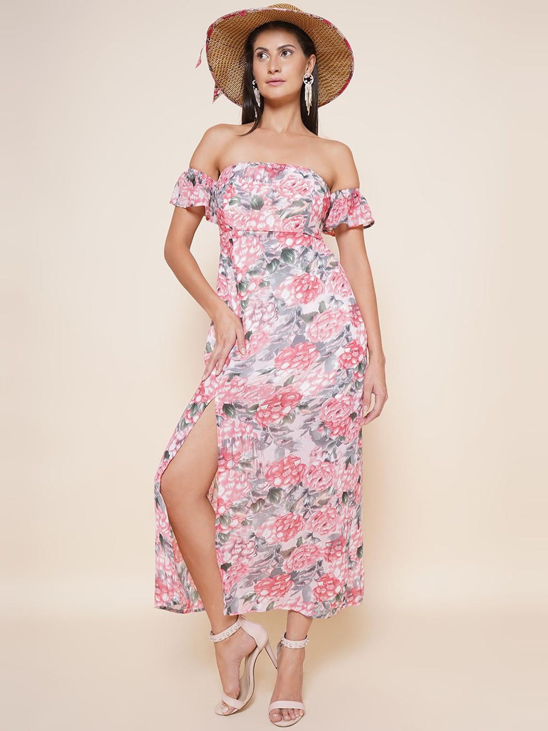 

JAKANARY Floral Printed Off-Shoulder Georgette Maxi Dress With Slits, Pink