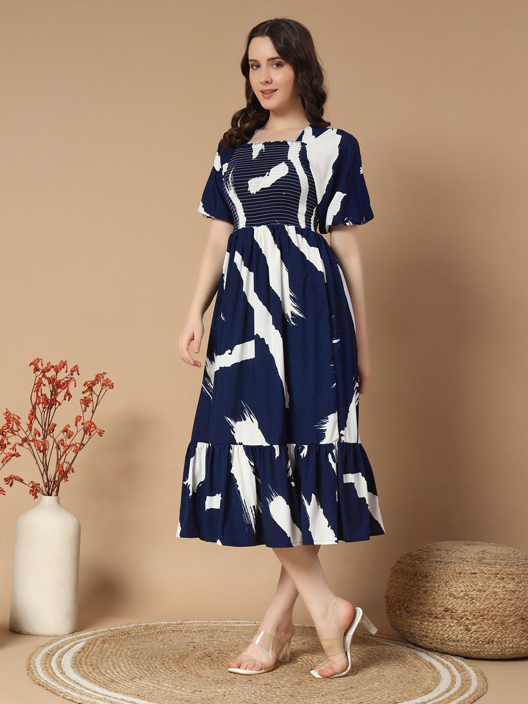 

Jash Creation Print Puff Sleeve Crepe Fit & Flare Dress, Navy blue