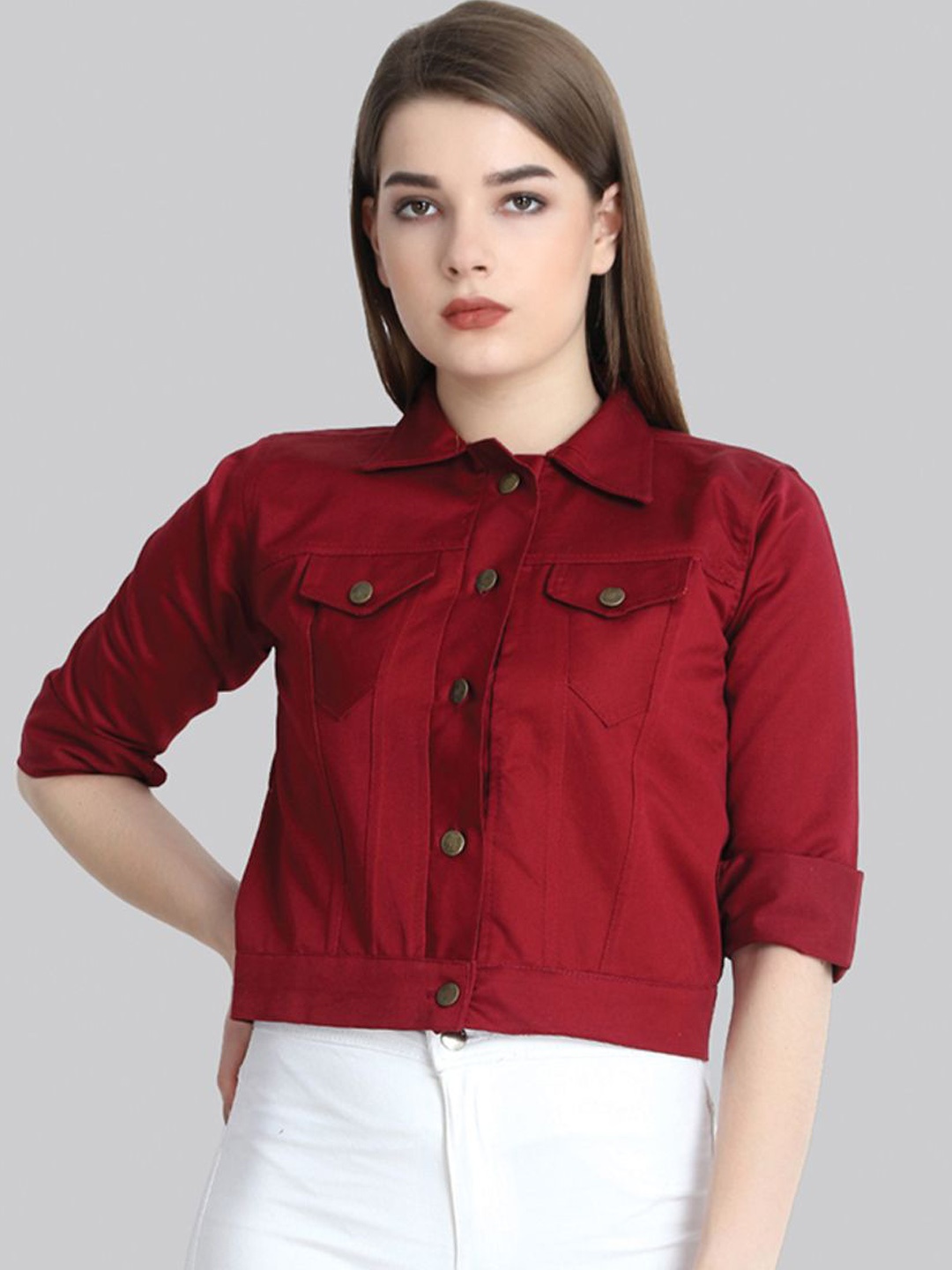 

DIMPY GARMENTS Women Lightweight Denim Jacket, Maroon
