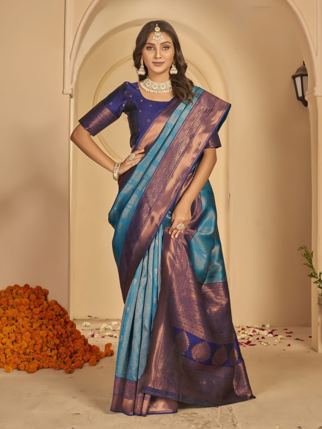 

KALINI Woven Design Zari Silk Blend Saree, Blue