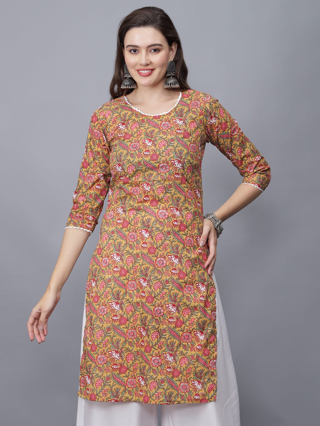 

ETRAANA Printed Pure Cotton Round Neck Kurta, Mustard