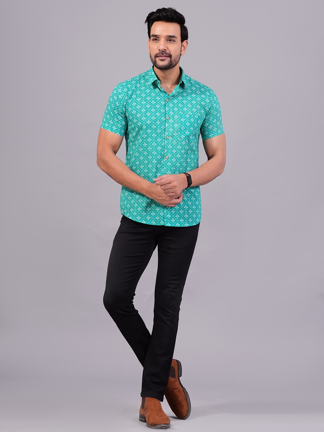 

Moda Rapido Men Comfort Opaque Printed Casual Shirt, Turquoise blue