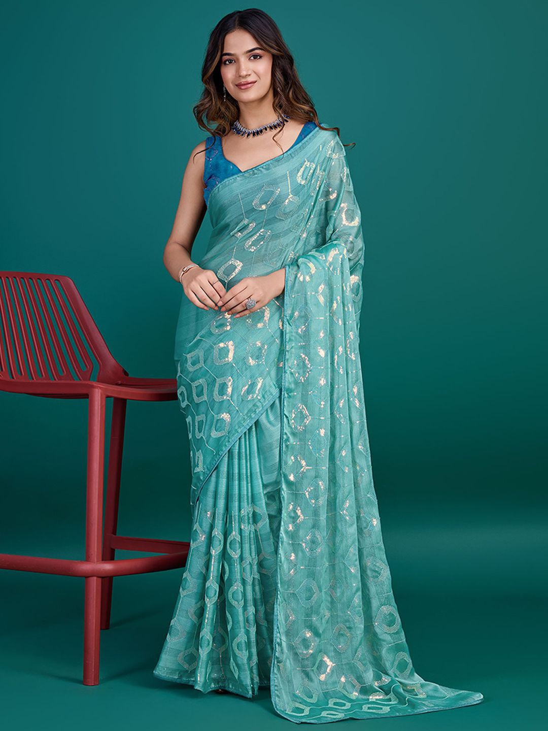 

Peachmode Pure Georgette Saree, Turquoise blue