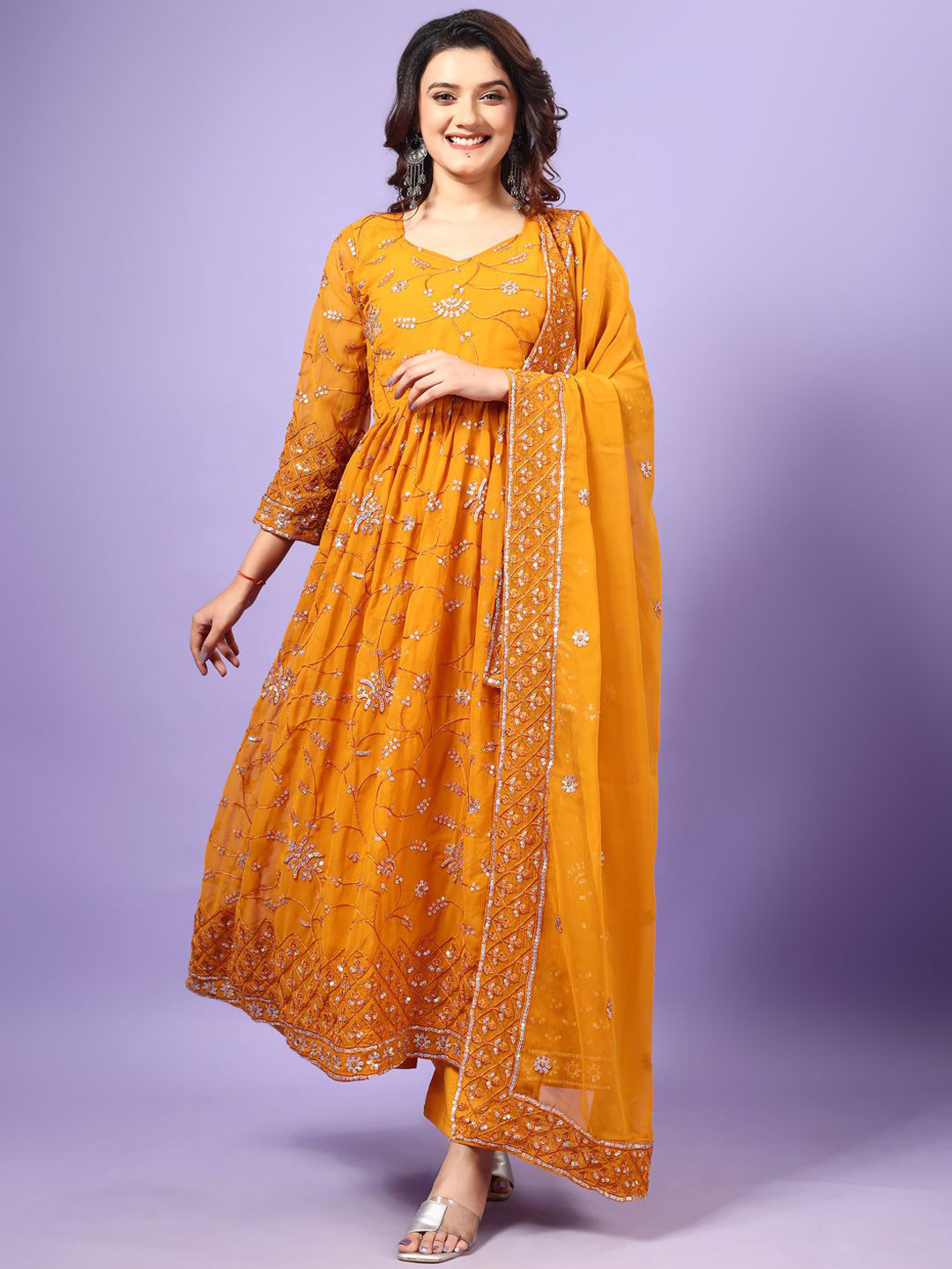 

Anara Women Floral Embroidered Regular Beads and Stones Kurta with Trousers & With Dupatta, Yellow