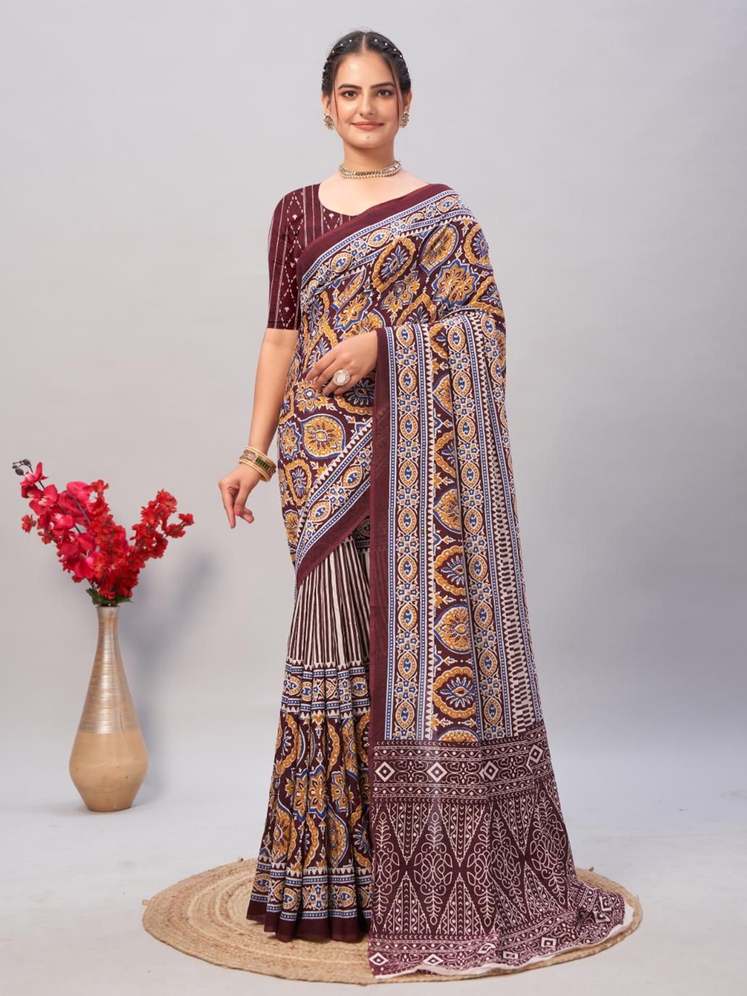 

HERE&NOW Ajrak Block Block Print Saree, Maroon