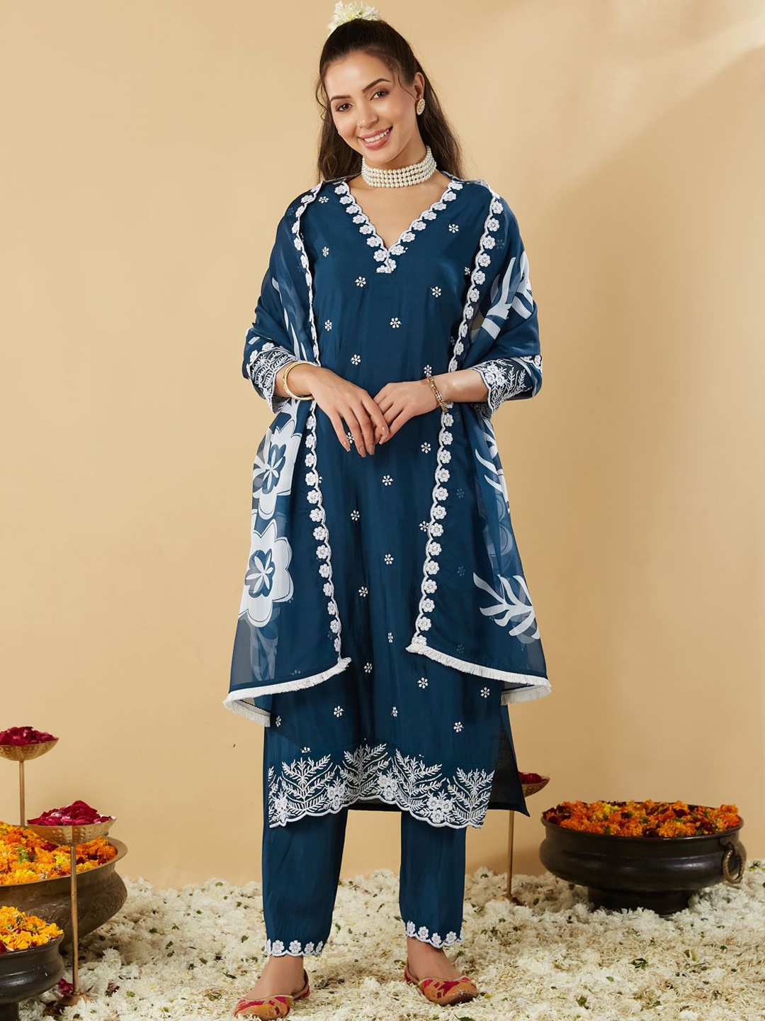 

Colors of Earth Women Embroidered Regular Kurta with Trousers & With Dupatta, Teal