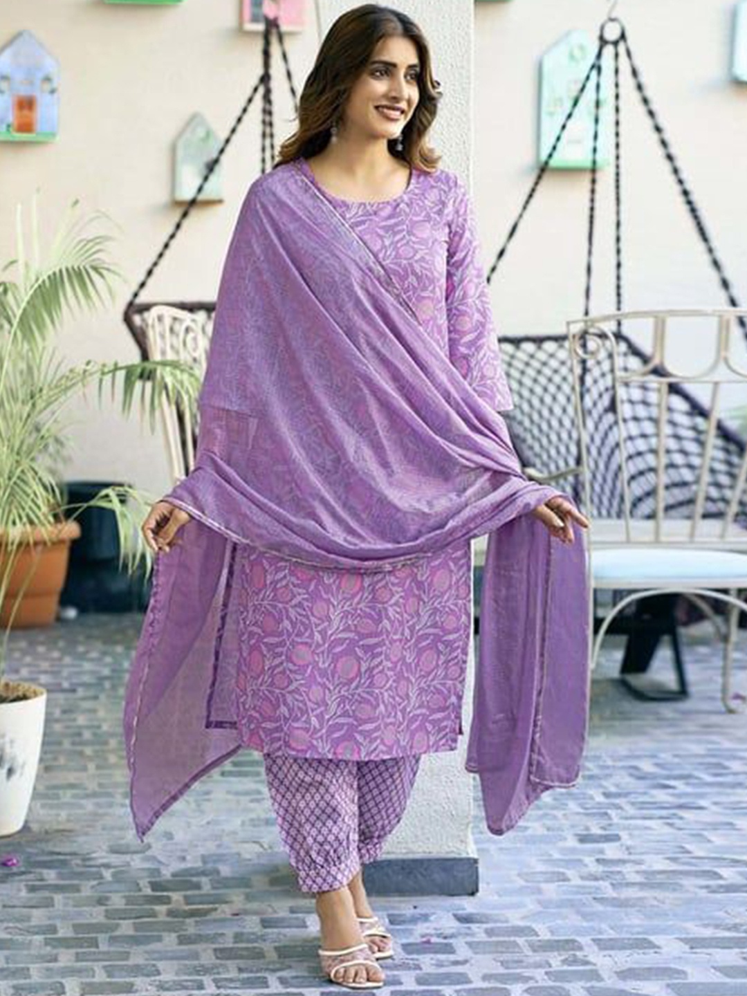 

BAESD Women Floral Printed Regular Kantha Work Pure Cotton Kurta with Trousers & With Dupatta, Lavender