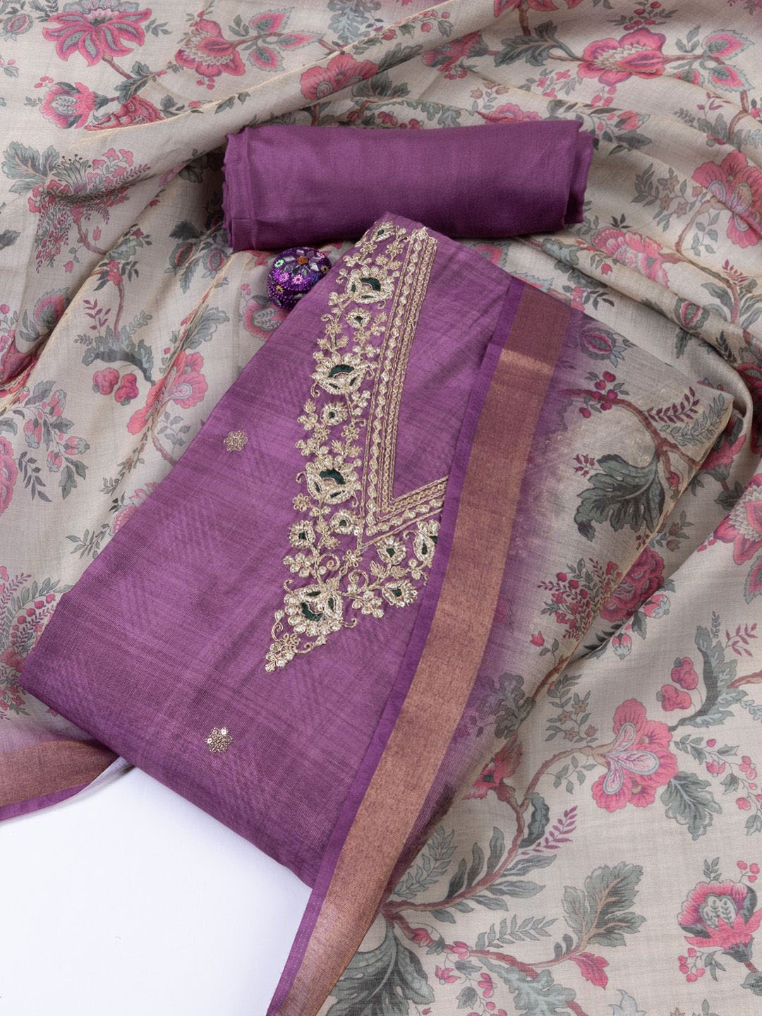 

Meena Bazaar Printed Art Silk Unstitched Dress Material, Purple