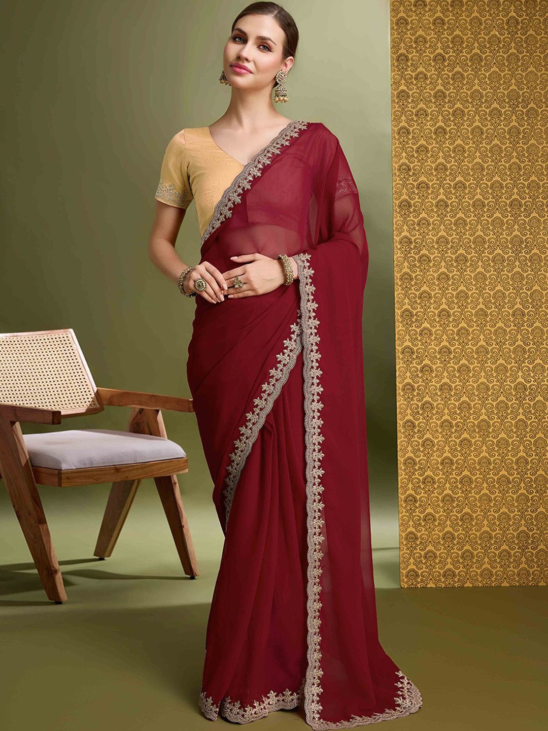 

Peachmode Embroidered Pure Georgette Saree, Maroon