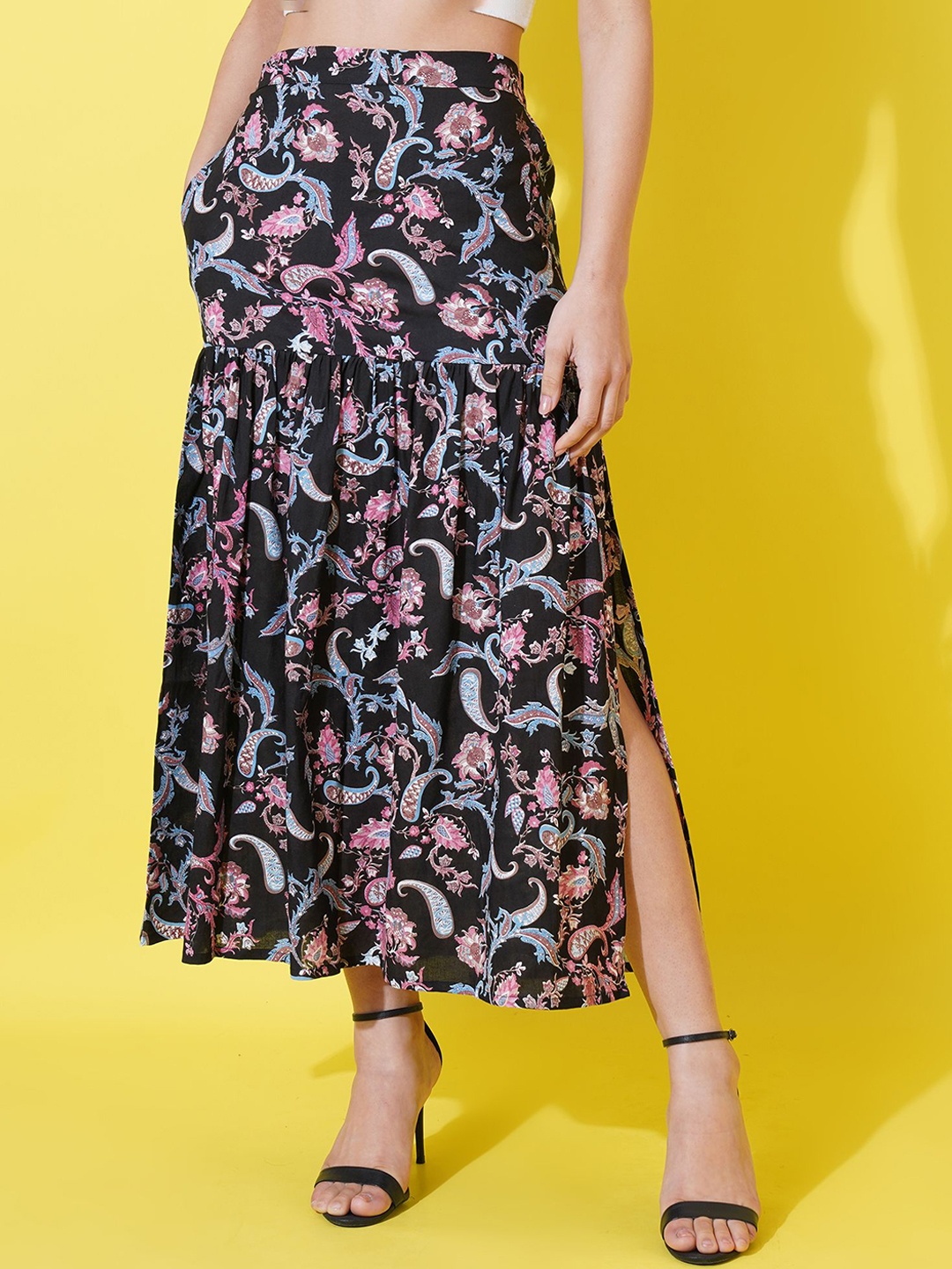 

GUDWEARS Ethnic Printed Flared Maxi Skirt, Black