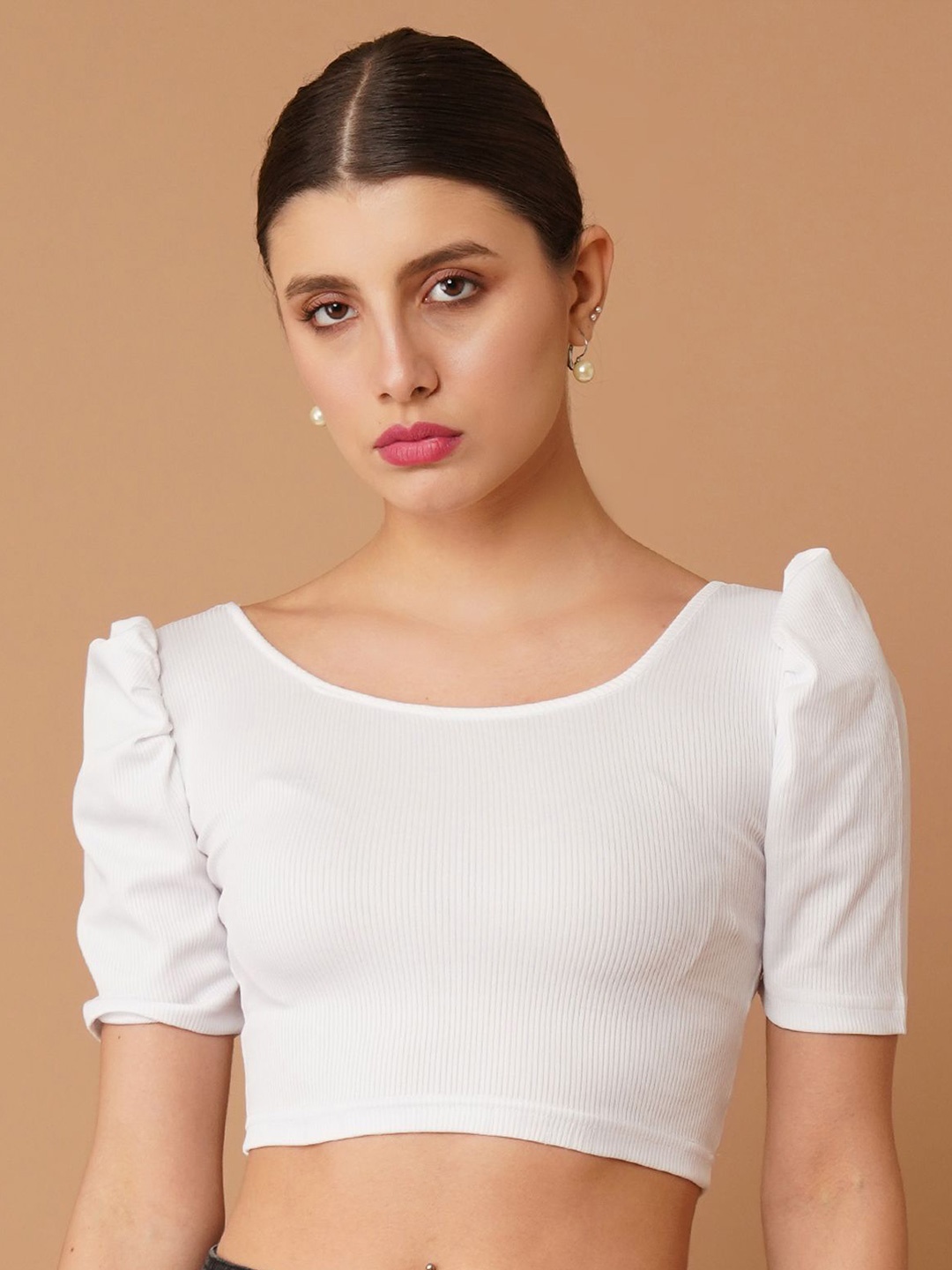 

Chemistry Puff Sleeve Crepe Crop Top, White