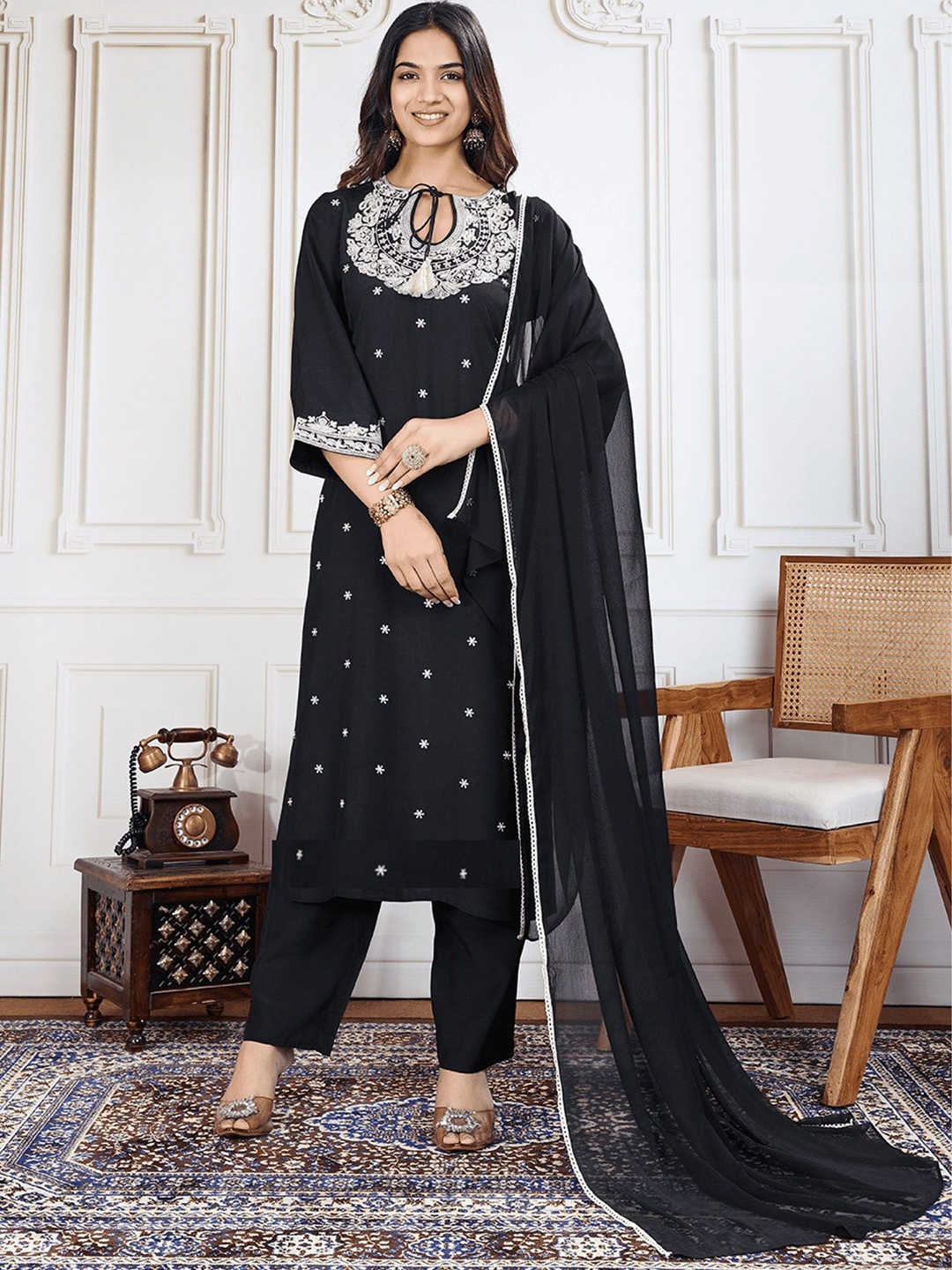 

House of Pataudi Embroidered Straight Kurta & Trousers With Dupatta, Black