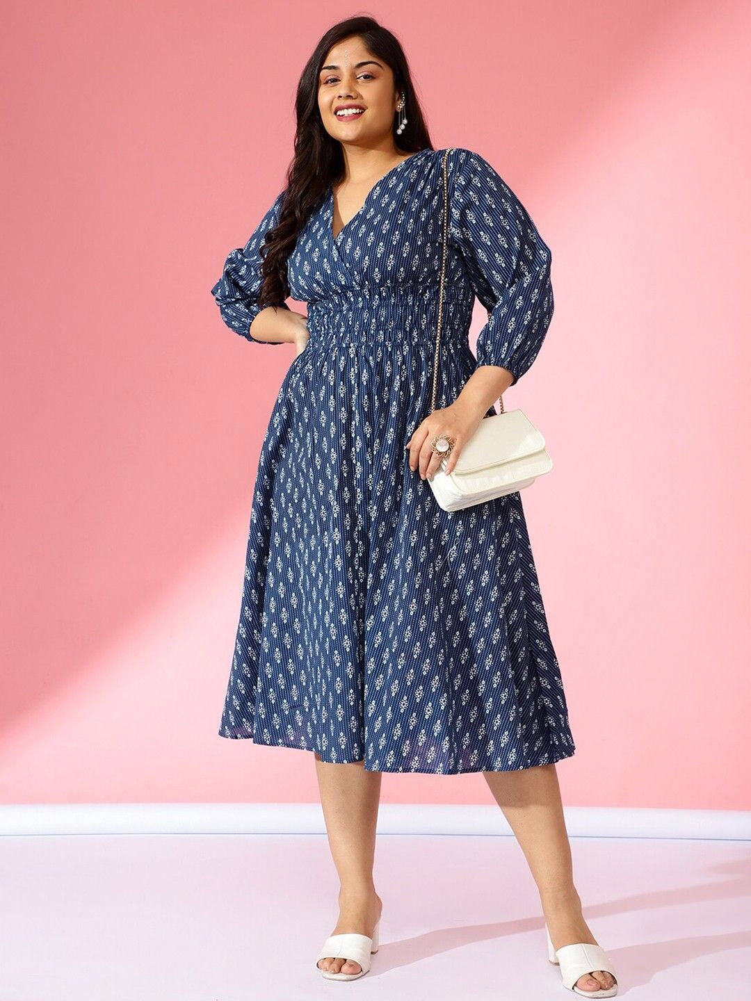 

Jash Creation Women Plus Size V-Neck Fit & Flare Midi Dress, Navy blue