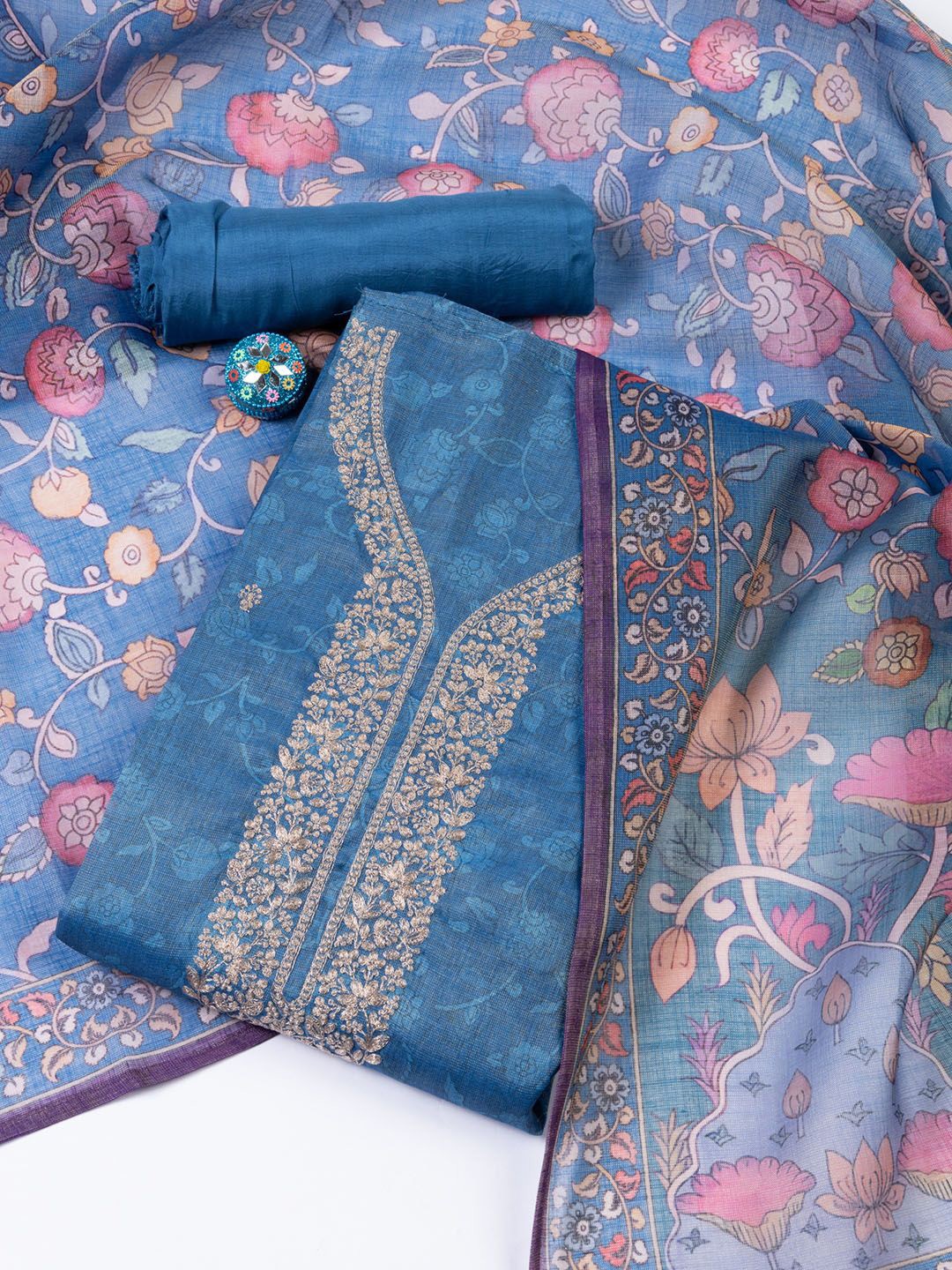 

Meena Bazaar Printed Art Silk Unstitched Dress Material, Blue