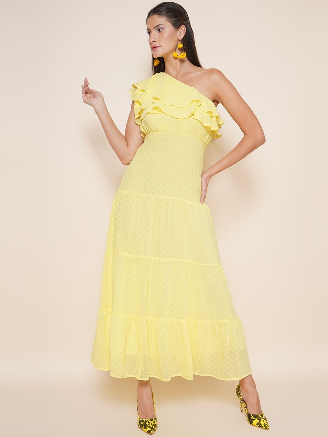 

JAKANARY Print One Shoulder Ruffles Detail Georgette Maxi Dress, Yellow