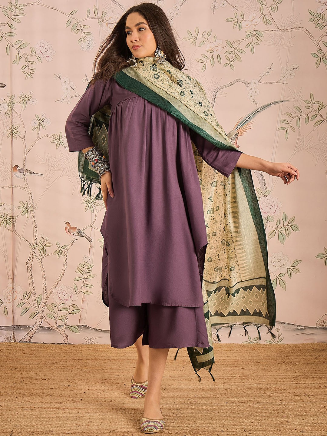 

InWeave Women Empire Kurta with Palazzos & With Dupatta, Mauve