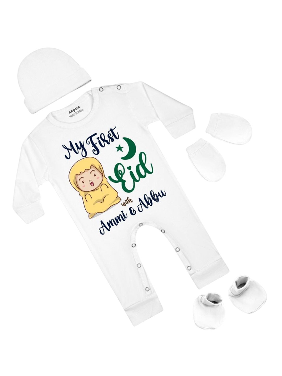 

Arvesa Infants My First Eid Printed Bodysuit with Cap Booties Mitten, White