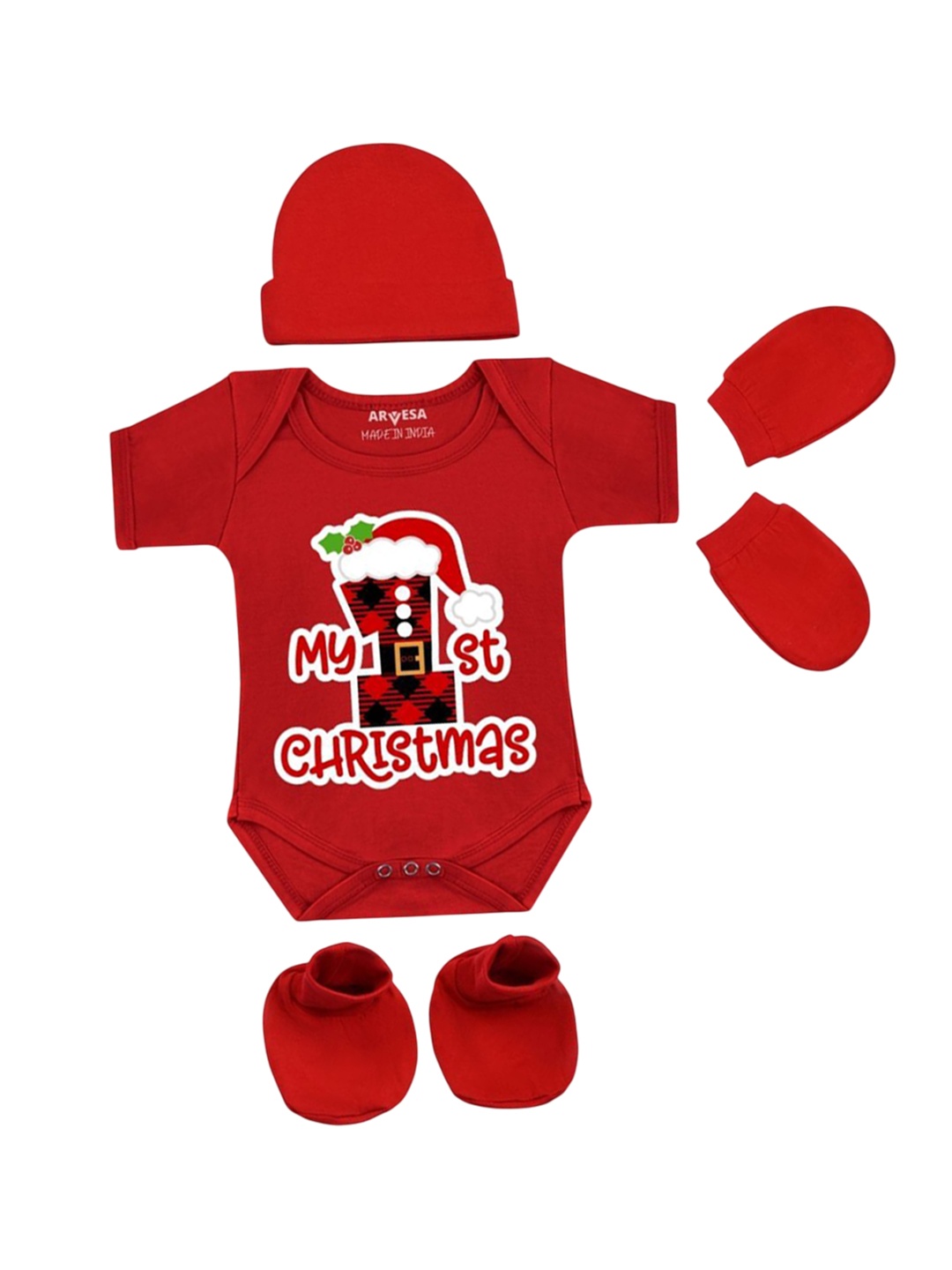 

Arvesa Infants My First Christmas Printed Bodysuit with Cap Booties Mitten, Red
