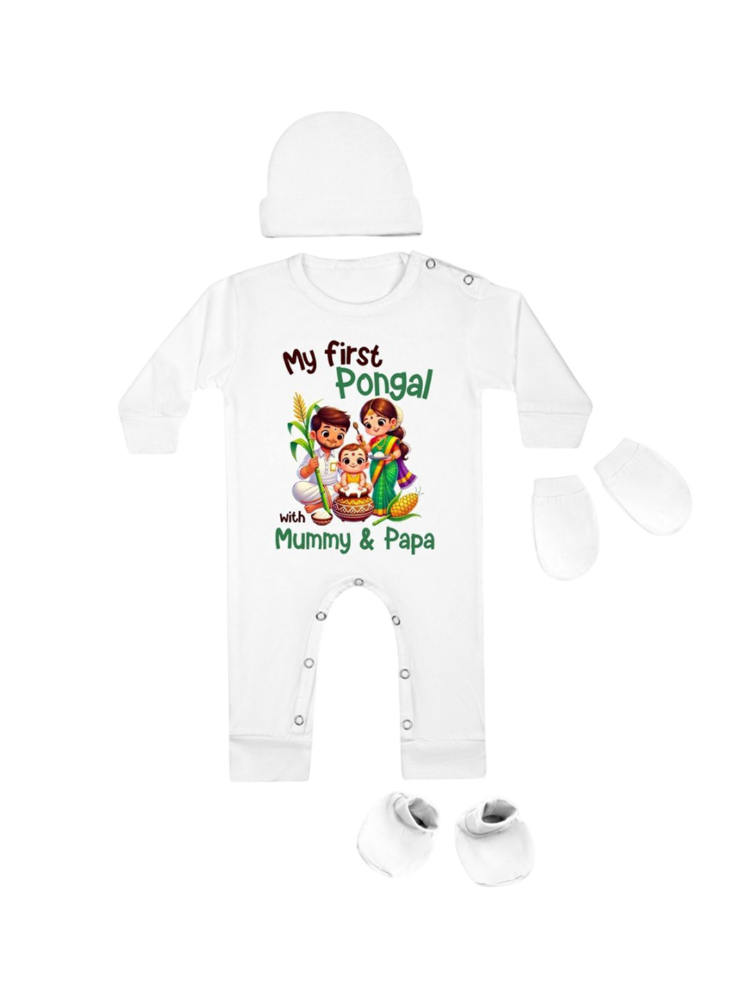 

Arvesa Infants My First Pongal Printed Bodysuit with Cap Booties Mitten, White