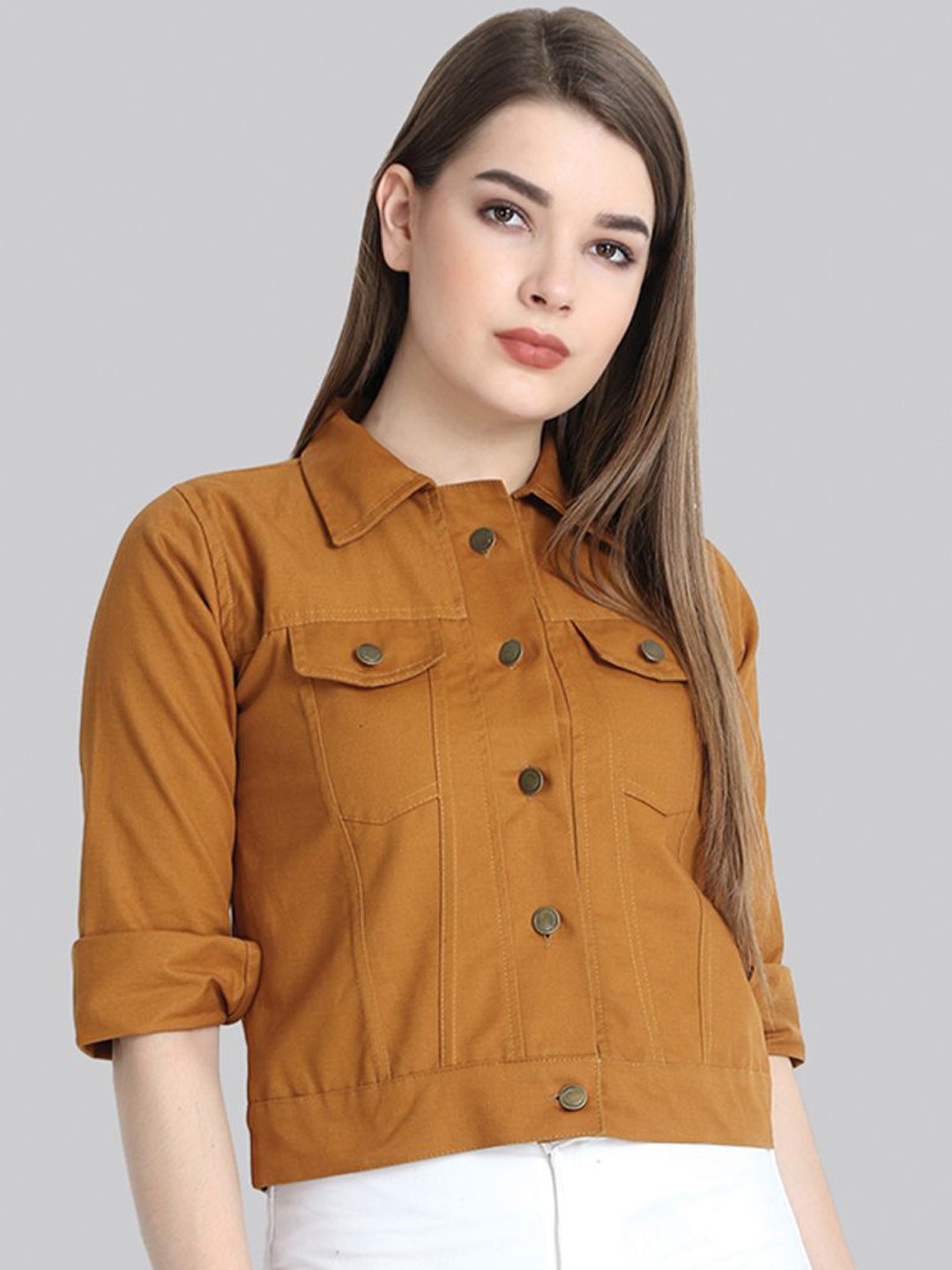 

DIMPY GARMENTS Women Lightweight Denim Jacket, Brown